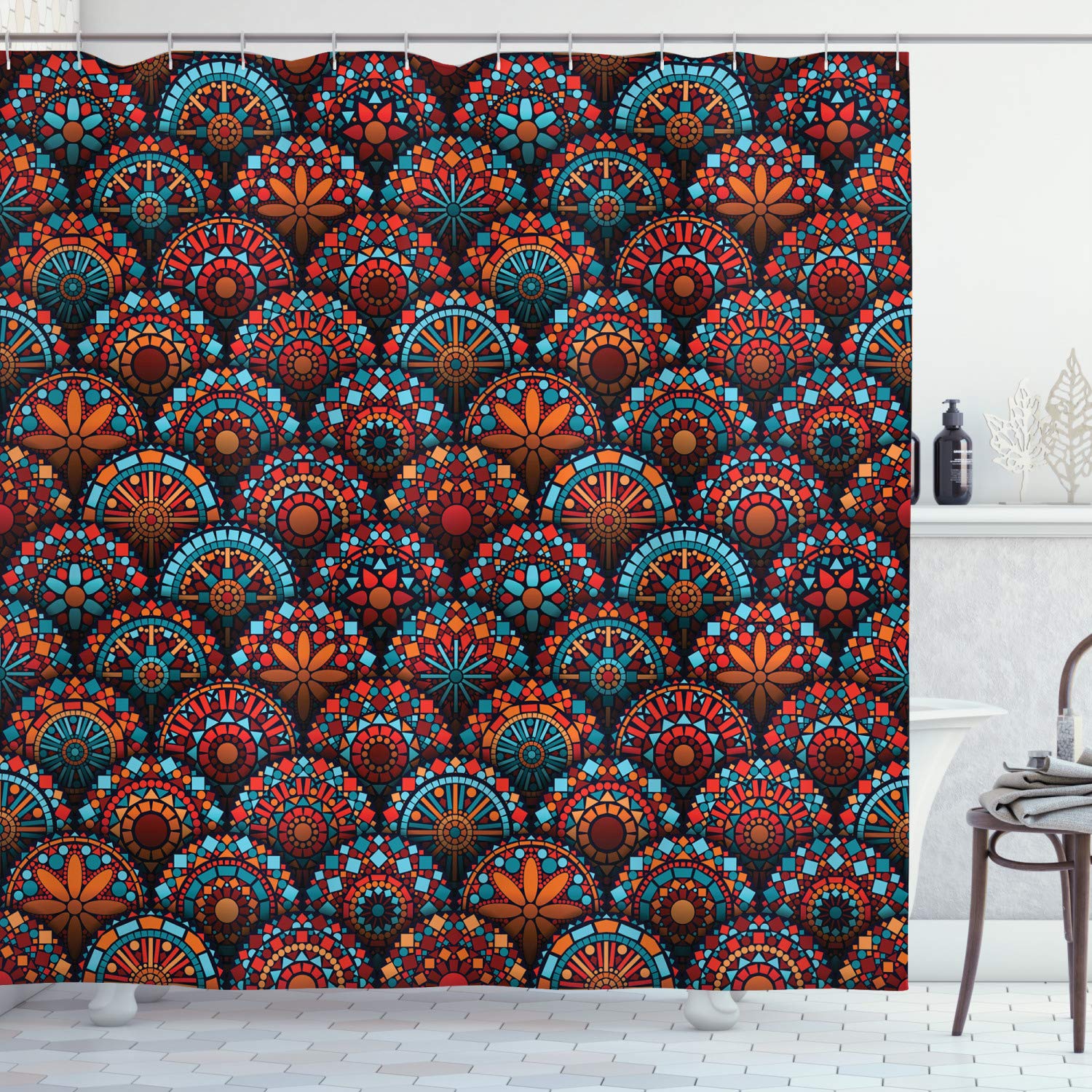 ABAKUHAUS Mandala Shower Curtain, Pattern with and Geometric Floral Form Art Image, Cloth Fabric Bathroom Decor Set with Hooks, 70 Inches, Scarlet Orange and Blue