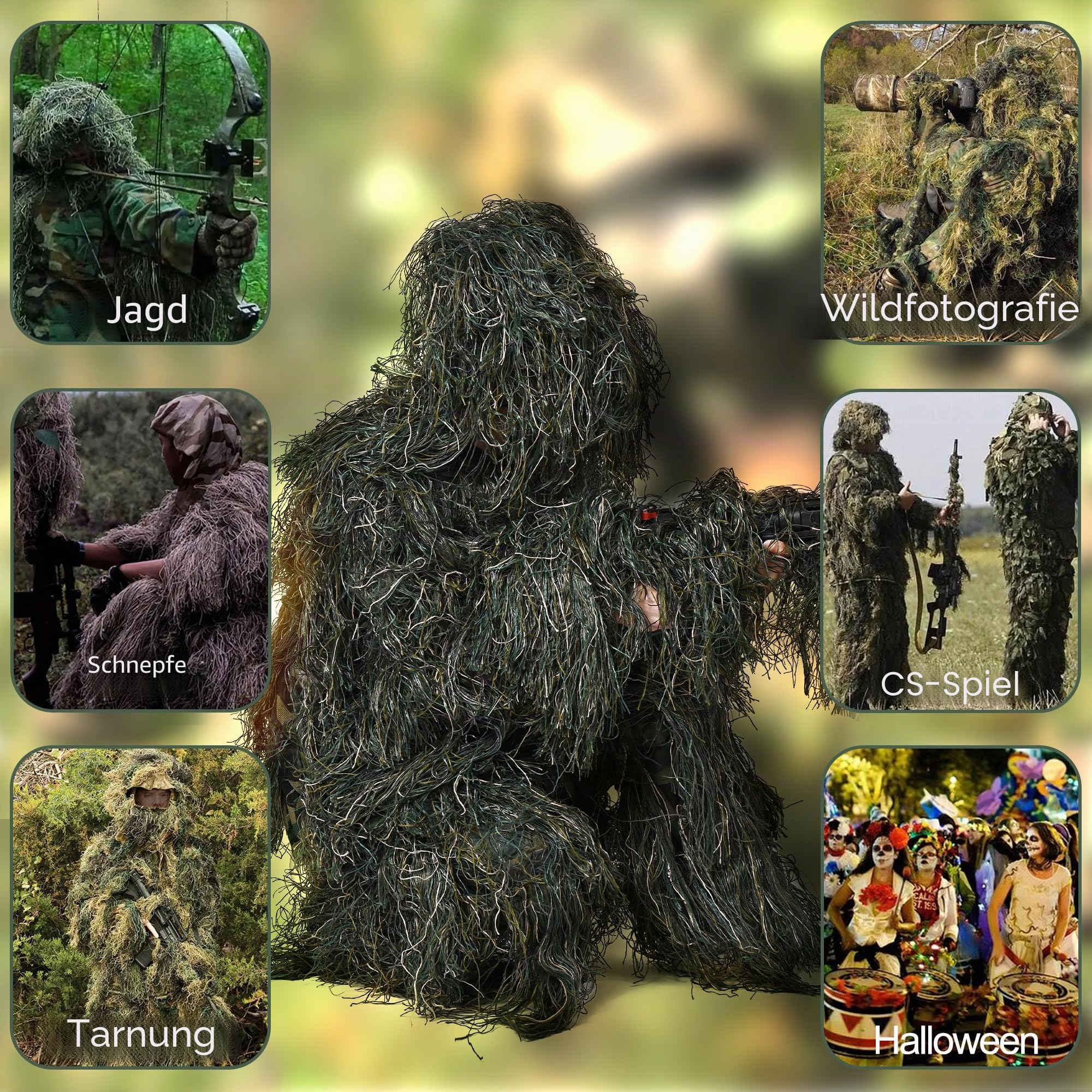NINAT Ghillie Anzug Camo 3D Leafy Gear Dschungel Jagd Camouflage Kleidung 4-teilig + Tasche