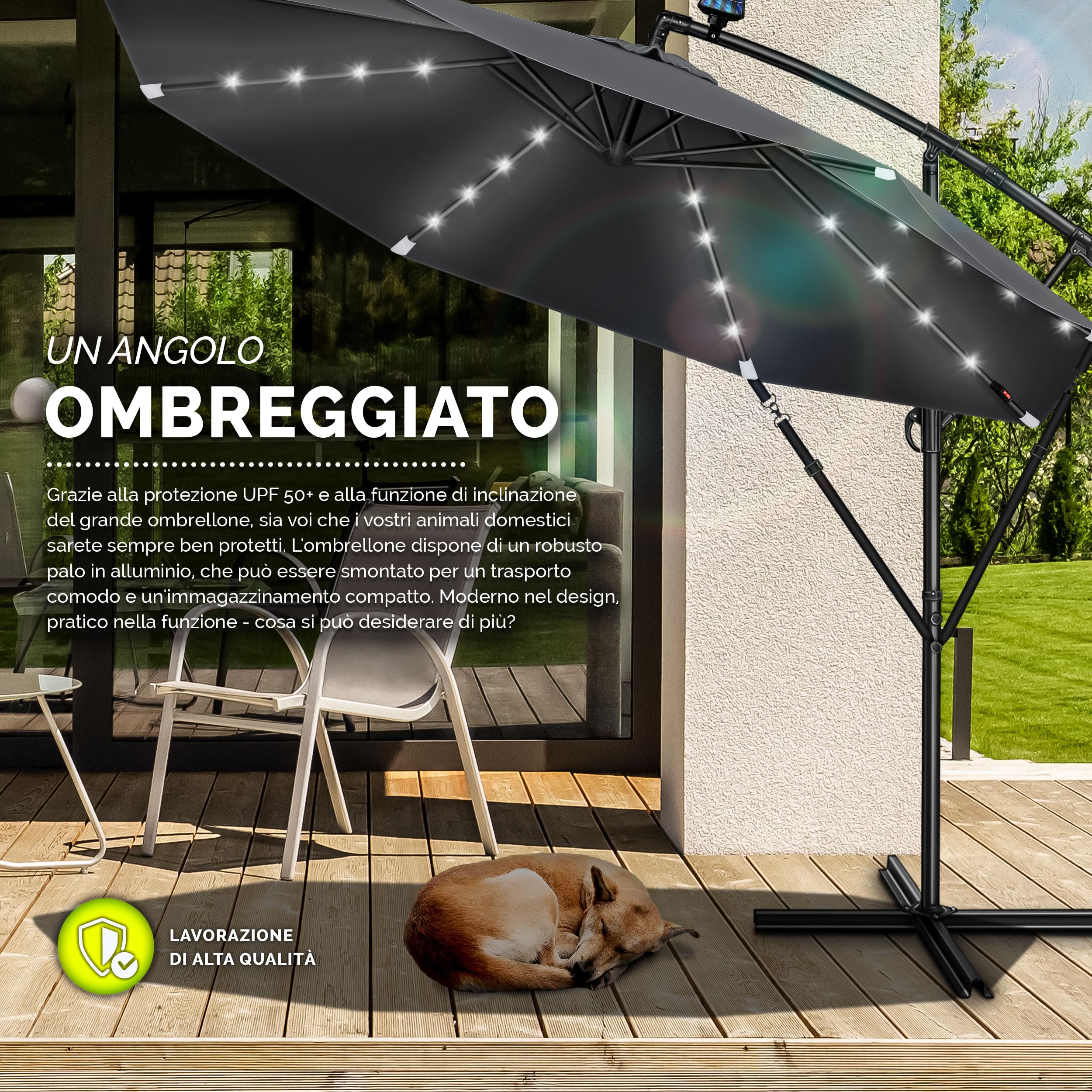 Tillvex Ombrellone Giardino LED Solar Ø300 cm Manovella Base | Interruttore UV-Proof Alluminio Impermeabile