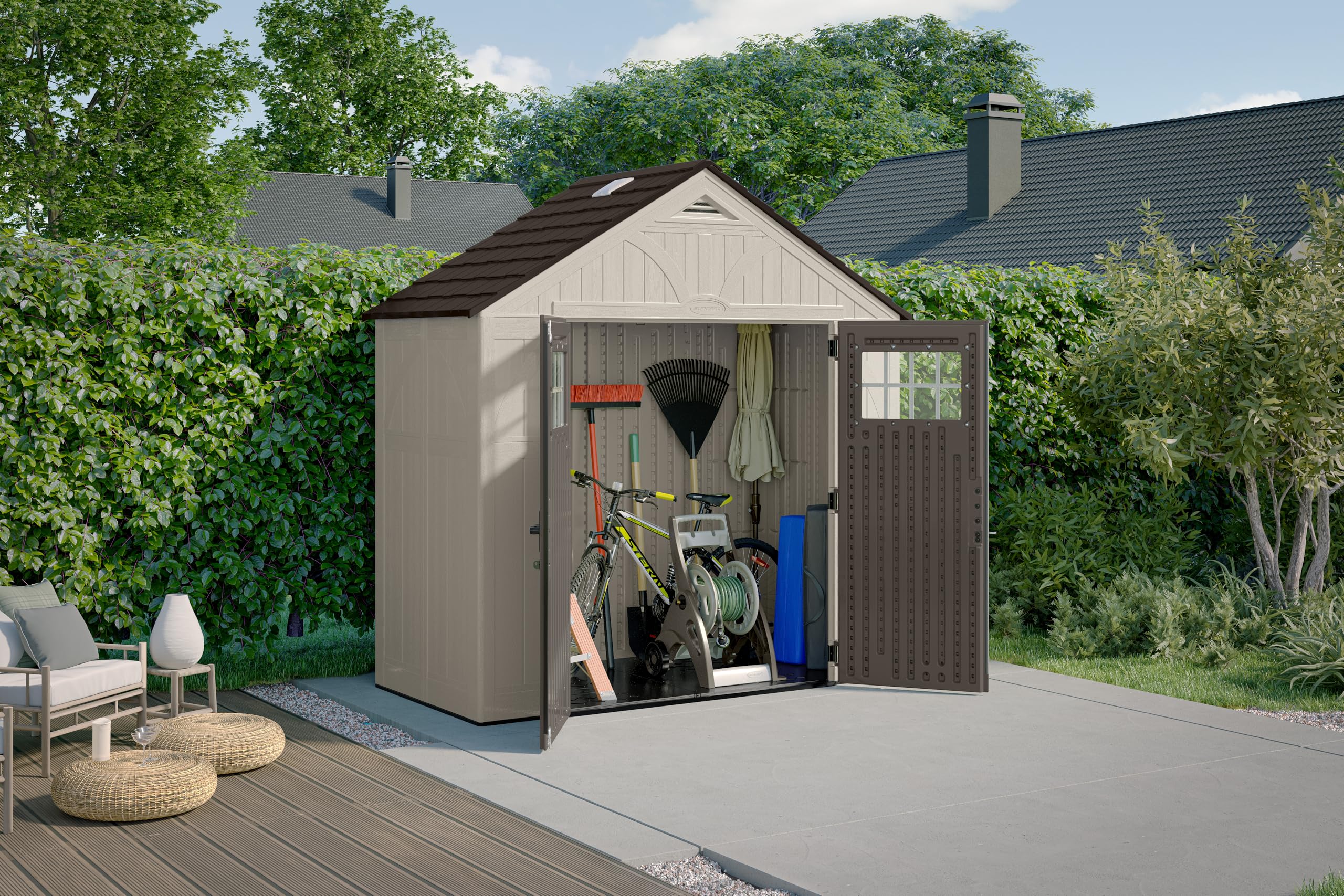 Suncast 4' x 8' Heavy-Duty Resin Tremont Storage Shed with Reinforced Floor, Skylights for Natural Light, Lockable Double Doors, Sand Finish - Image 2
