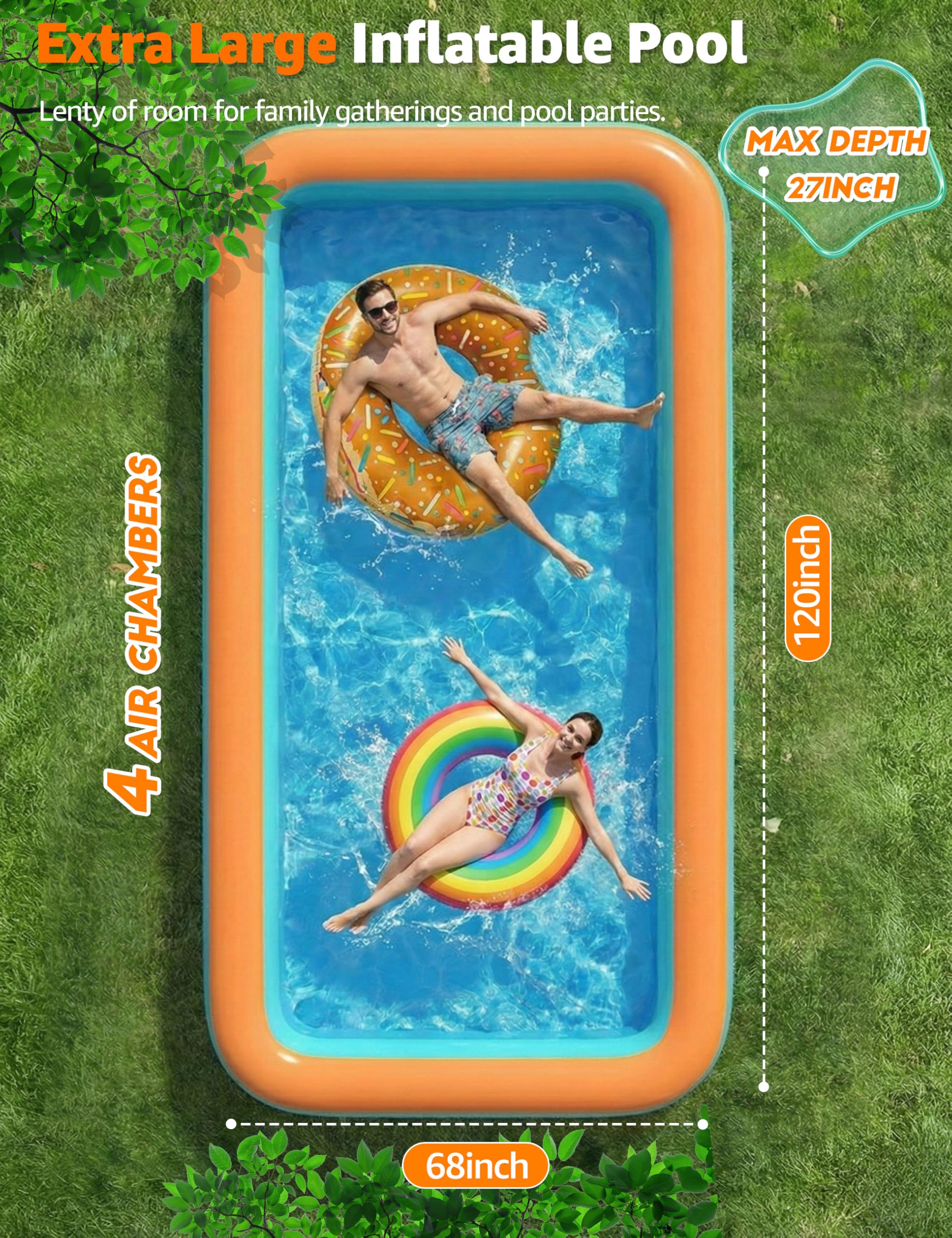 Aufblasbarer Pool für Kinder und Erwachsene, 4-lagig, 304,8 cm, Orange | 304,8 cm, 4-lagig, 0,32 mm dickes PVC, 7,3 kg, Schwimmbad für Familie, Haustiere, Hinterhof, Sommer im Freien
