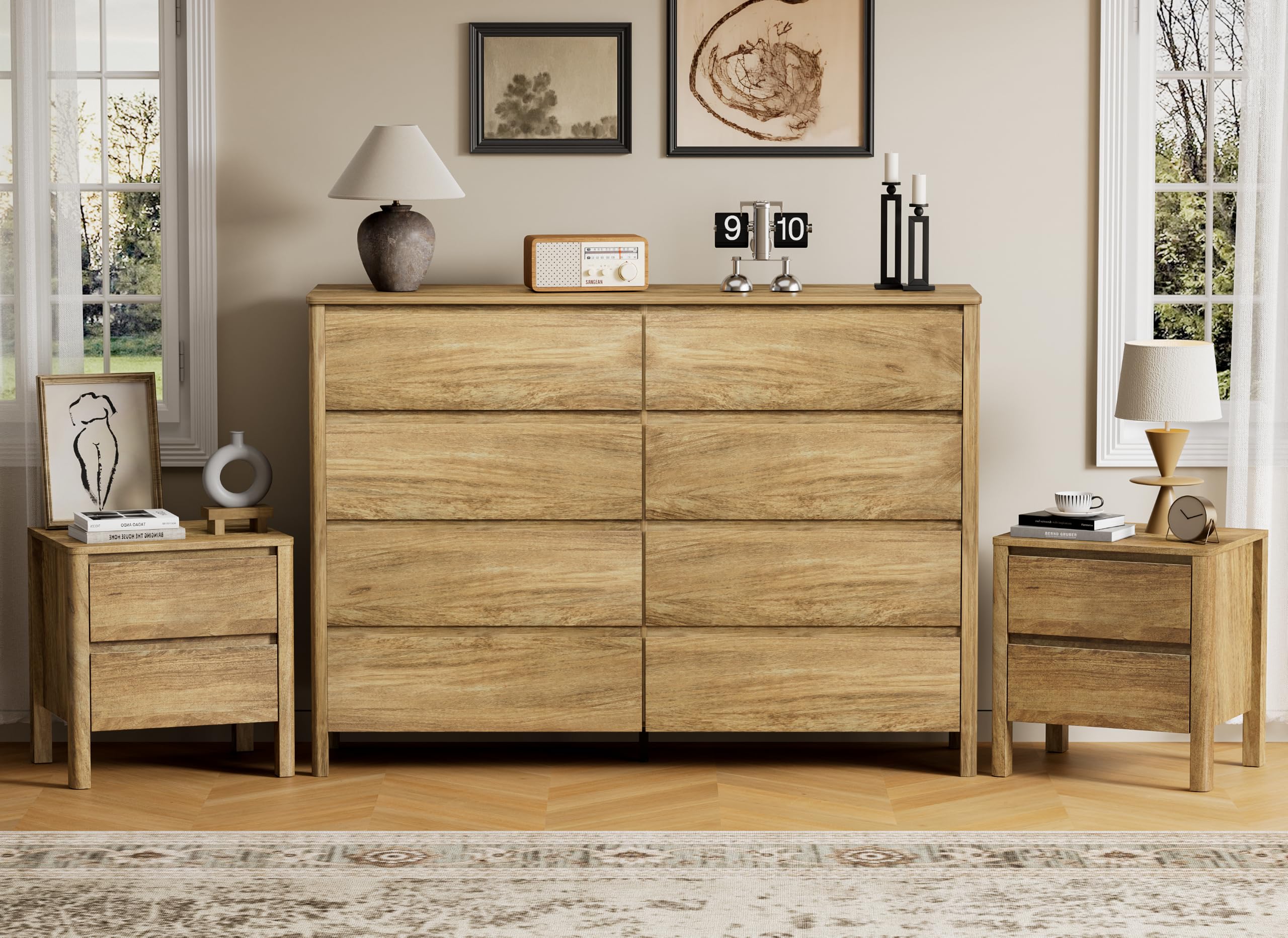 Mid-Century Modern Dresser and Nightstand Sets 3 Piece, Natural Oak