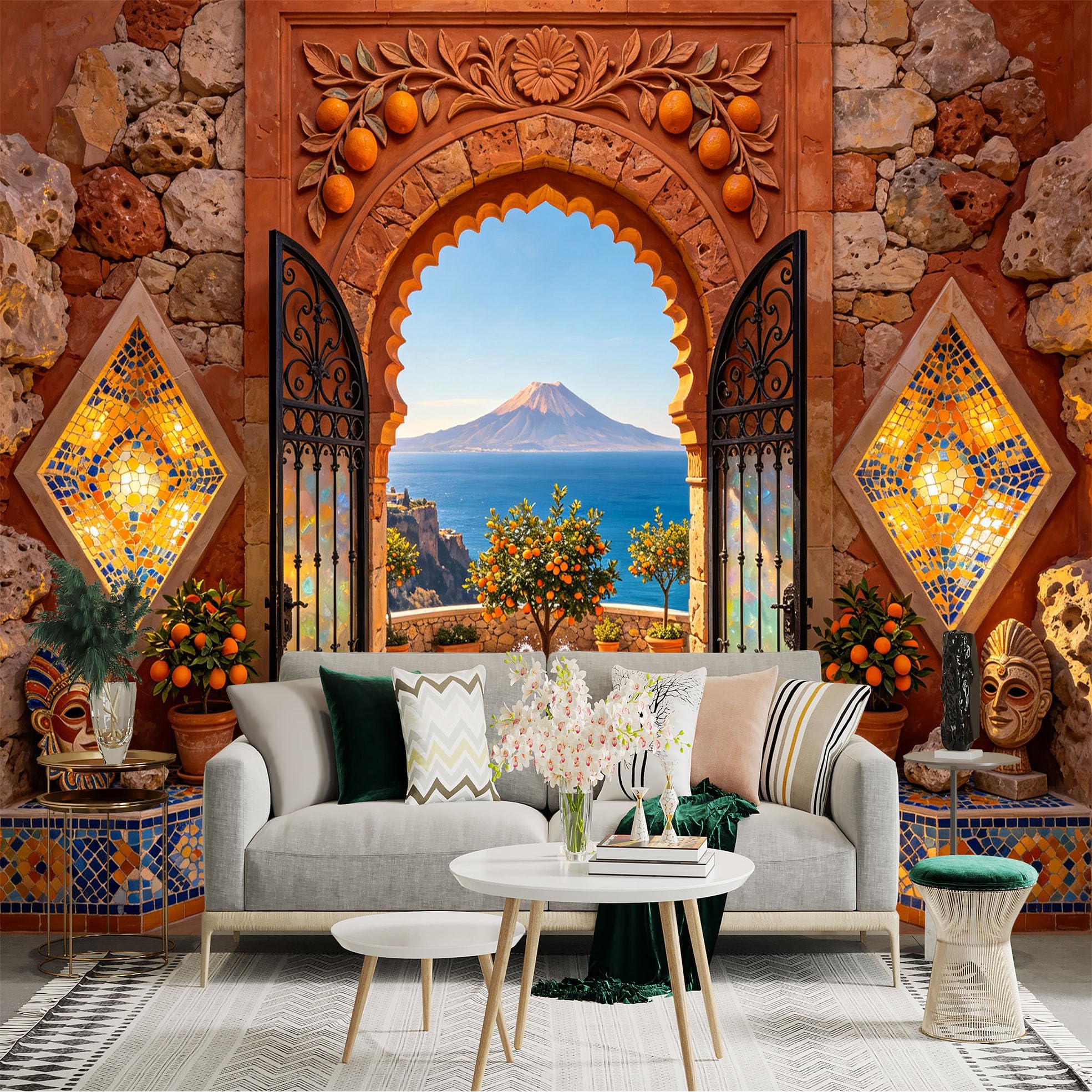 Custom Size Wall Sticker Mural， Mediterranean Archway， Coastal Fountain and Sea View， for wall Decoration， peelandstick wall Decals.
