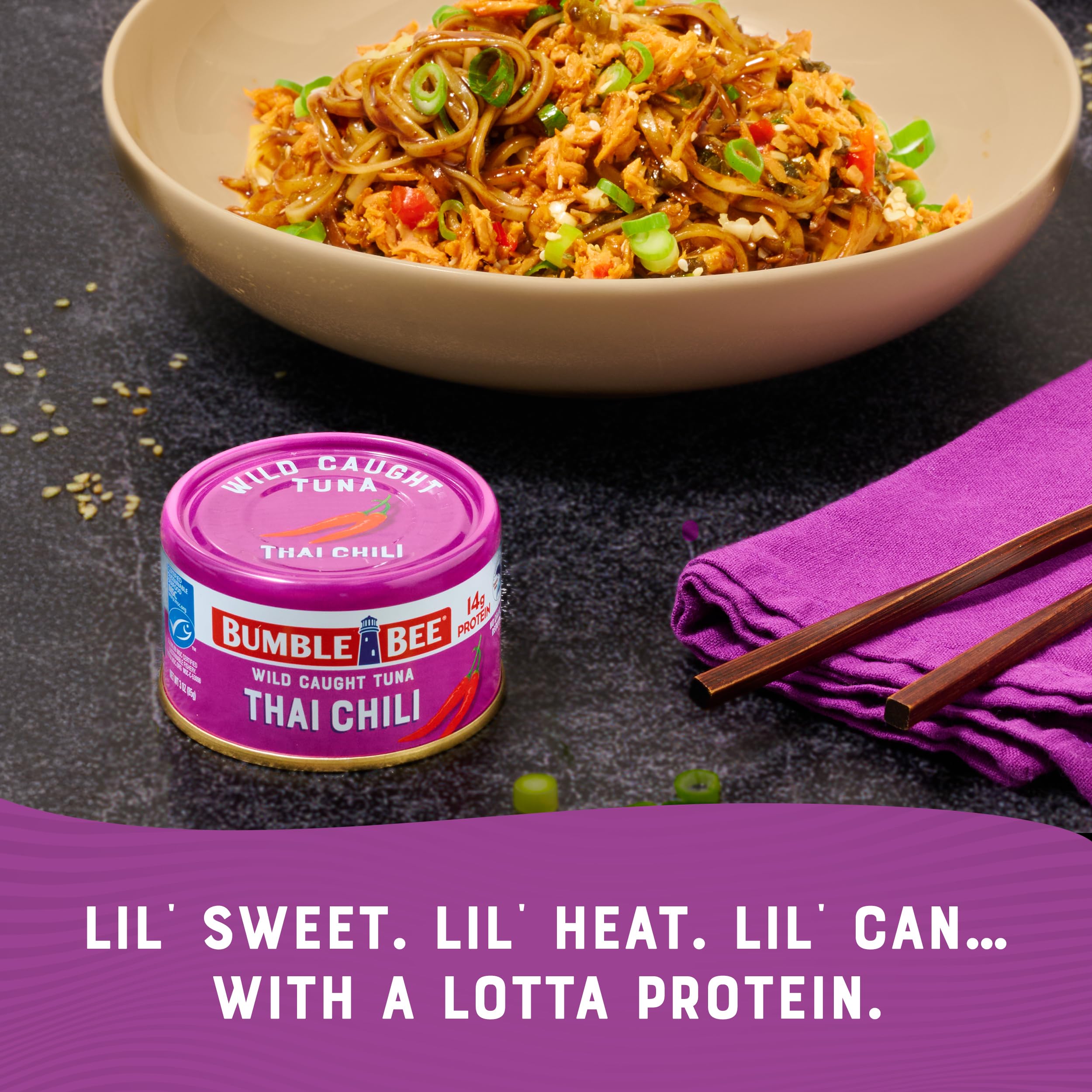 Bumble Bee Snackers Thai Chili - 14g Protein per Serving - No Draining, Ready to Eat - Wild Caught Skipjack Chunk Light Tuna for Snack, Salad, Korean Tuna Bowl - 3 oz Easy Open Can (Pack of 1)