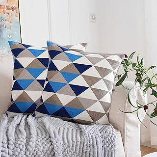OSVINO Lot de 2 Housse Coussin Microfibre Ecologique Doux Toucher Broderie Géométrique Canapé Elégance Throw Pillow Covers Zip Robuste Décor Lavable Maison Hôtel Bureau Voiture,Bleu 45x45cm