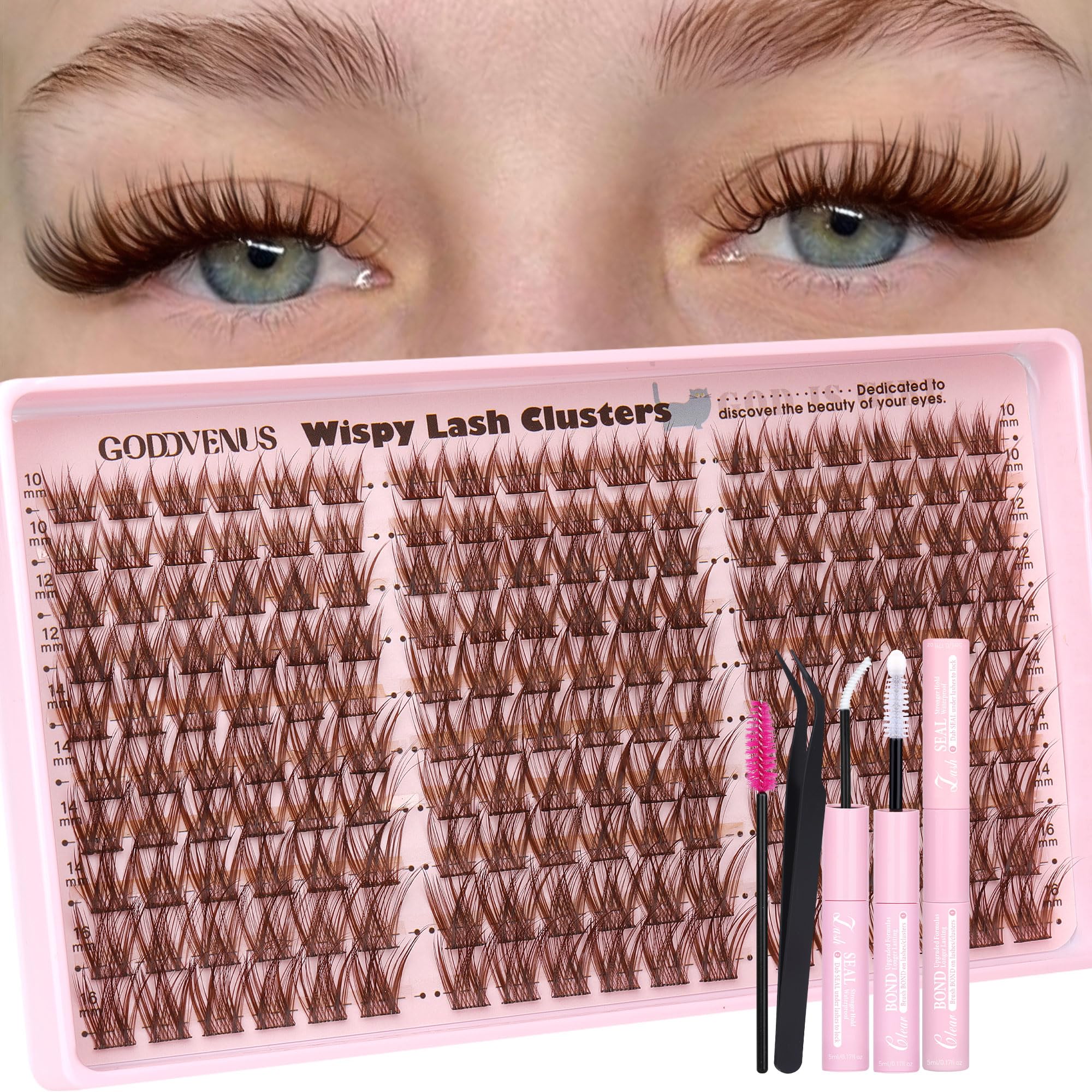 Goddvenus Brown Wispy Eye Lash Clusters Kit Natural Cluster Eyelash Extensions Kit False Eyelash Clusters Fluffy DIY Individual Lash Extensions Kit C Curl