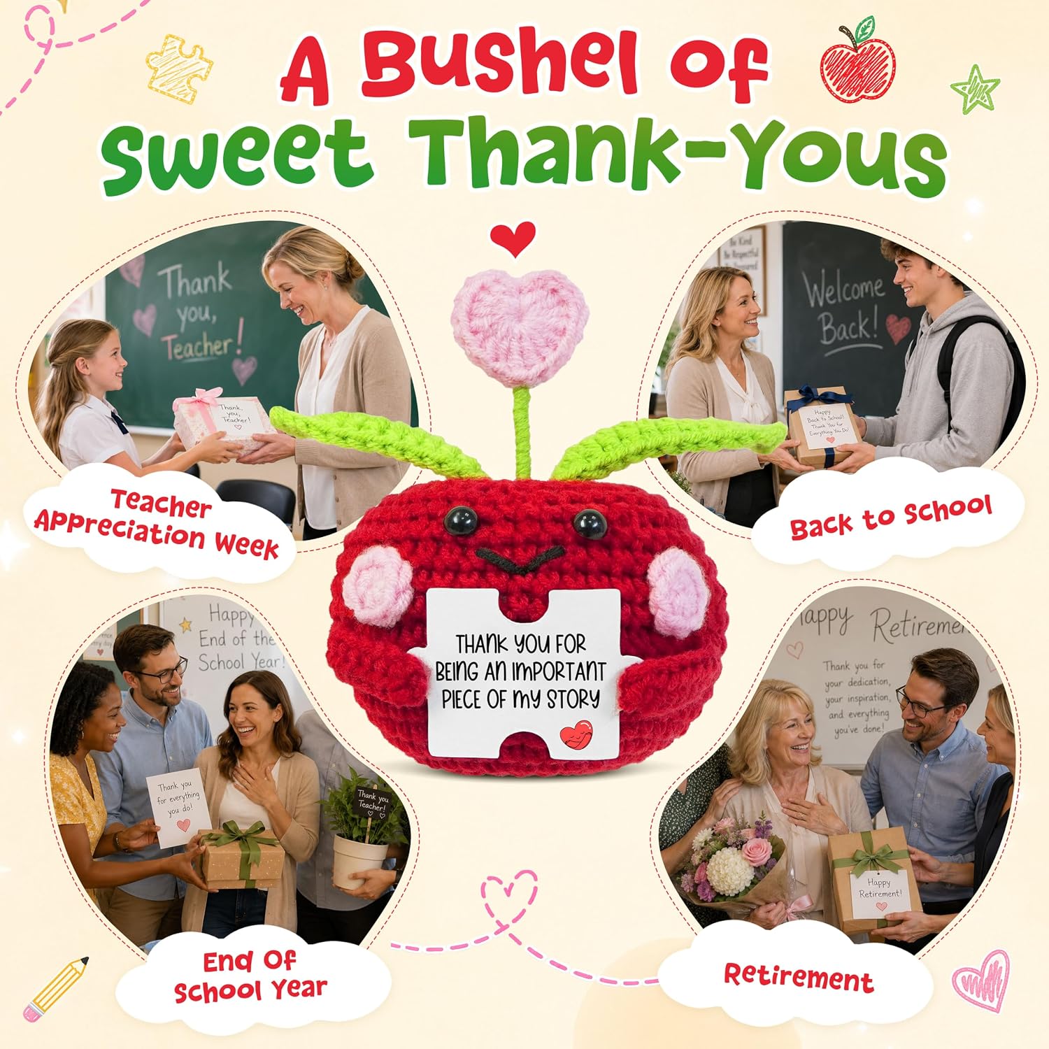 OASSIE Teacher Gifts for Women Men - Positive Apple Crochet, Back to School