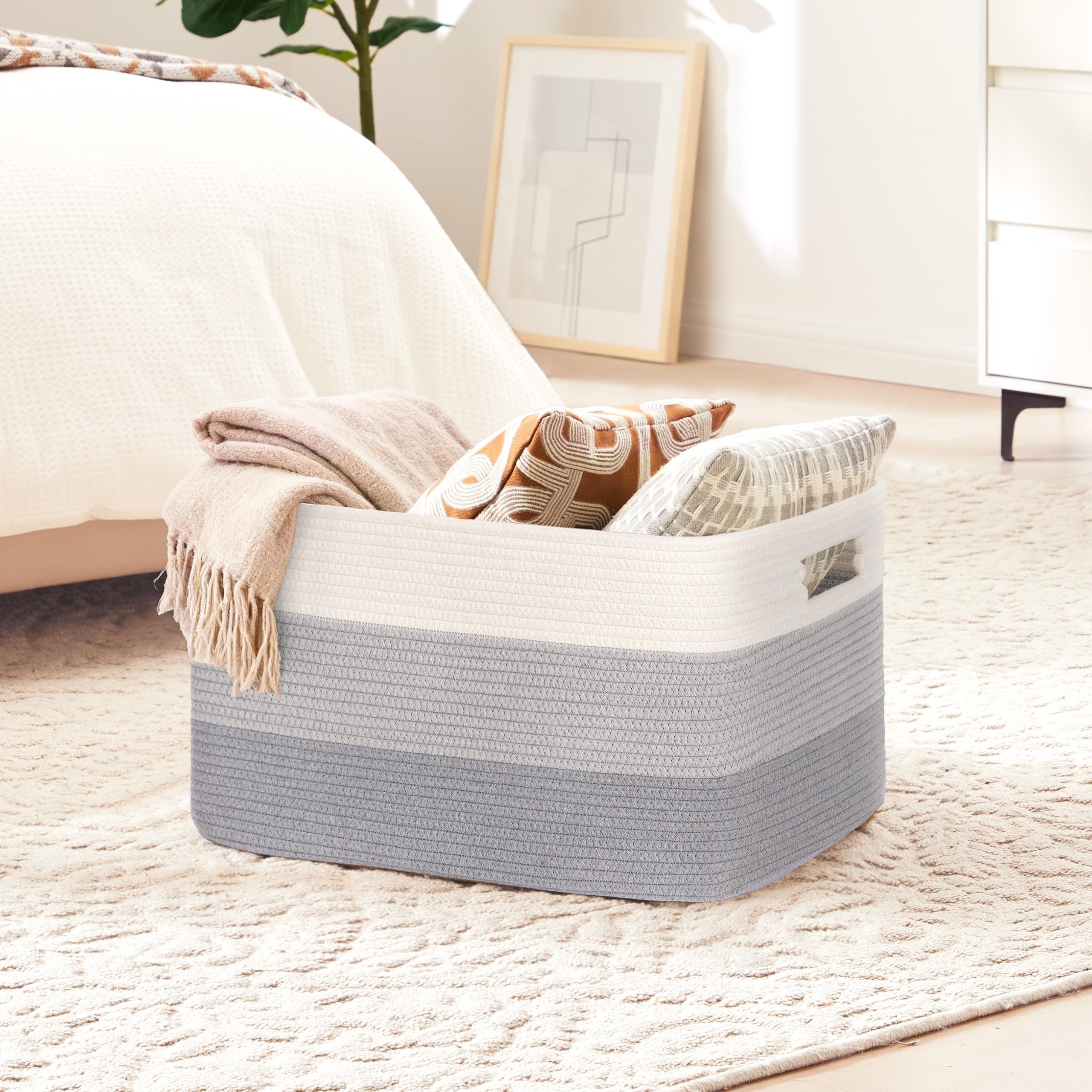 Gran organizador 60L en cuerda de algodón, cesto para juguetes, mantas, ropa, trenzado con asas, recogedor de ropa de tela para decoración de habitación infantil o salón, degradado gris