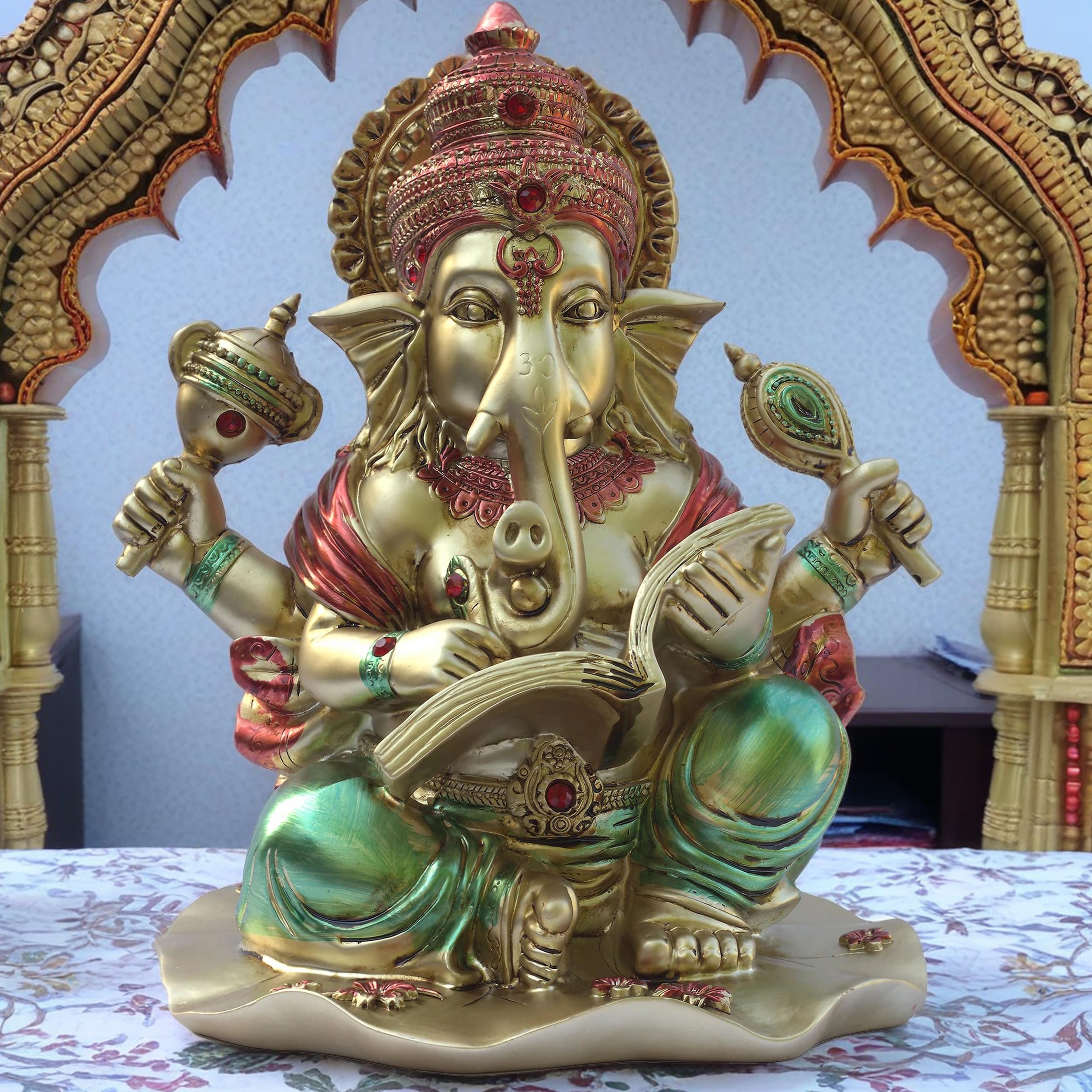 Ganesha Idol for Home Temple, Large 10 inch Ganpati Murti for House Entrance, Auspicious Vinayak Resin Statue for Home, Living Room, Office Desk, Gifting (Golden) — photo — 3 of 9