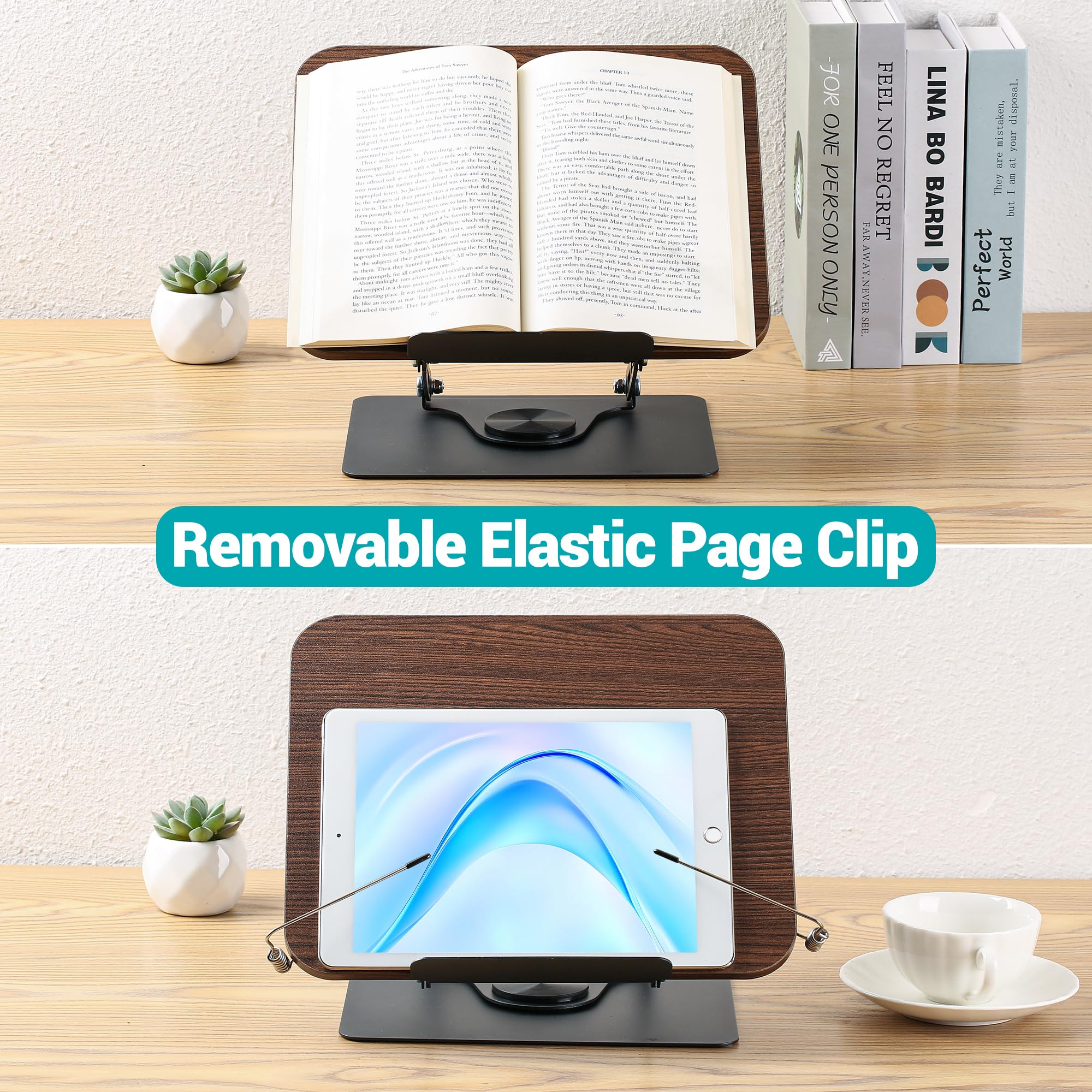 Verstellbarer Buchständer Aus Holz - 360° Drehbar Mit Seitenclip