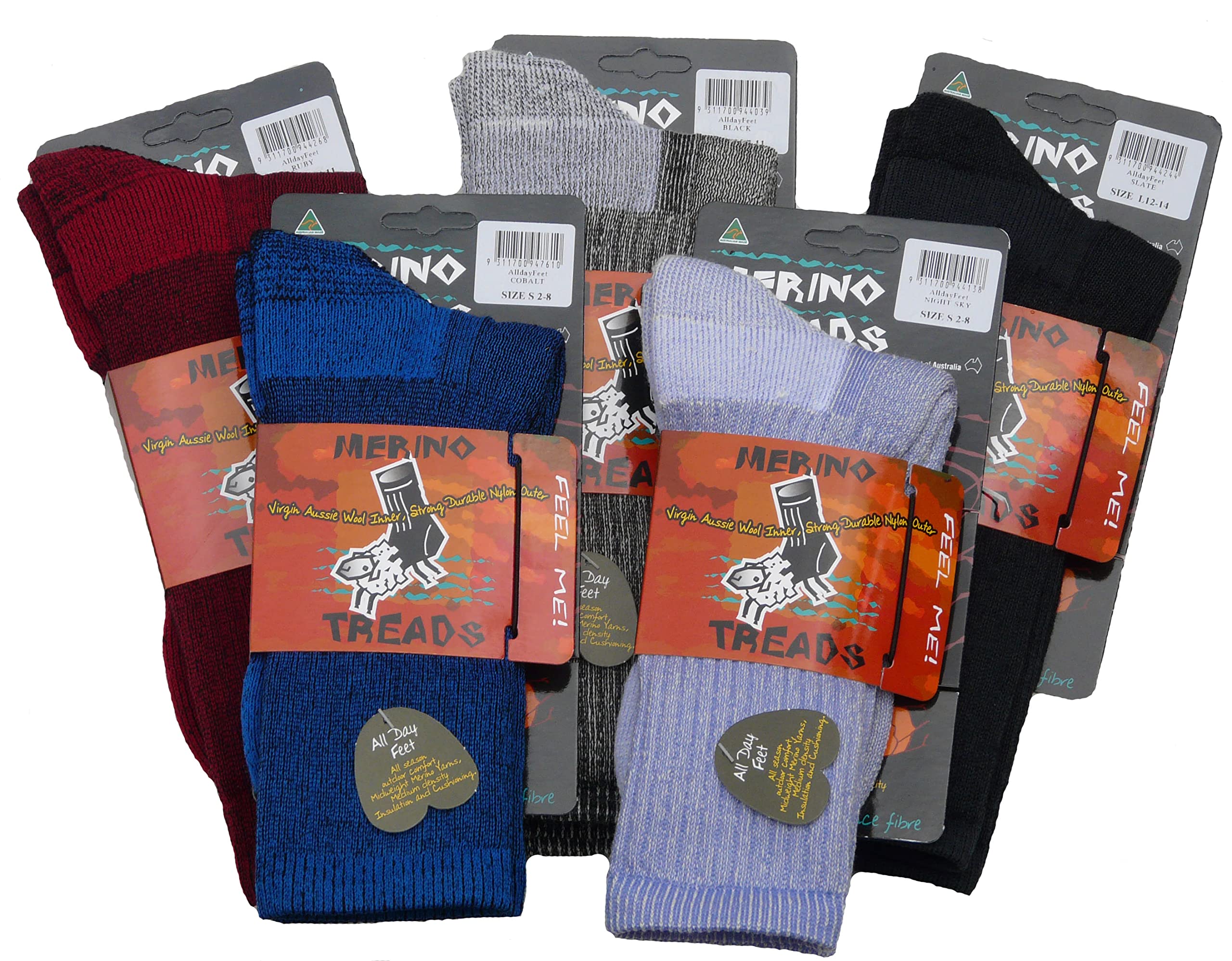 Merino Treads All Day Feet Socks 100% Australian Made Merino Wool (Men's 3-9 US, Cobalt)