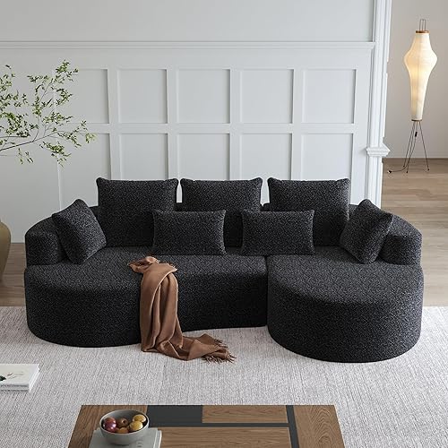 KEIKI 105" L Shaped Corner Couch, Curved Curved Cloud Couch with 7 Pillows, Upholstered Chenille Sectional Couch for Living Room, Bedroom, Black