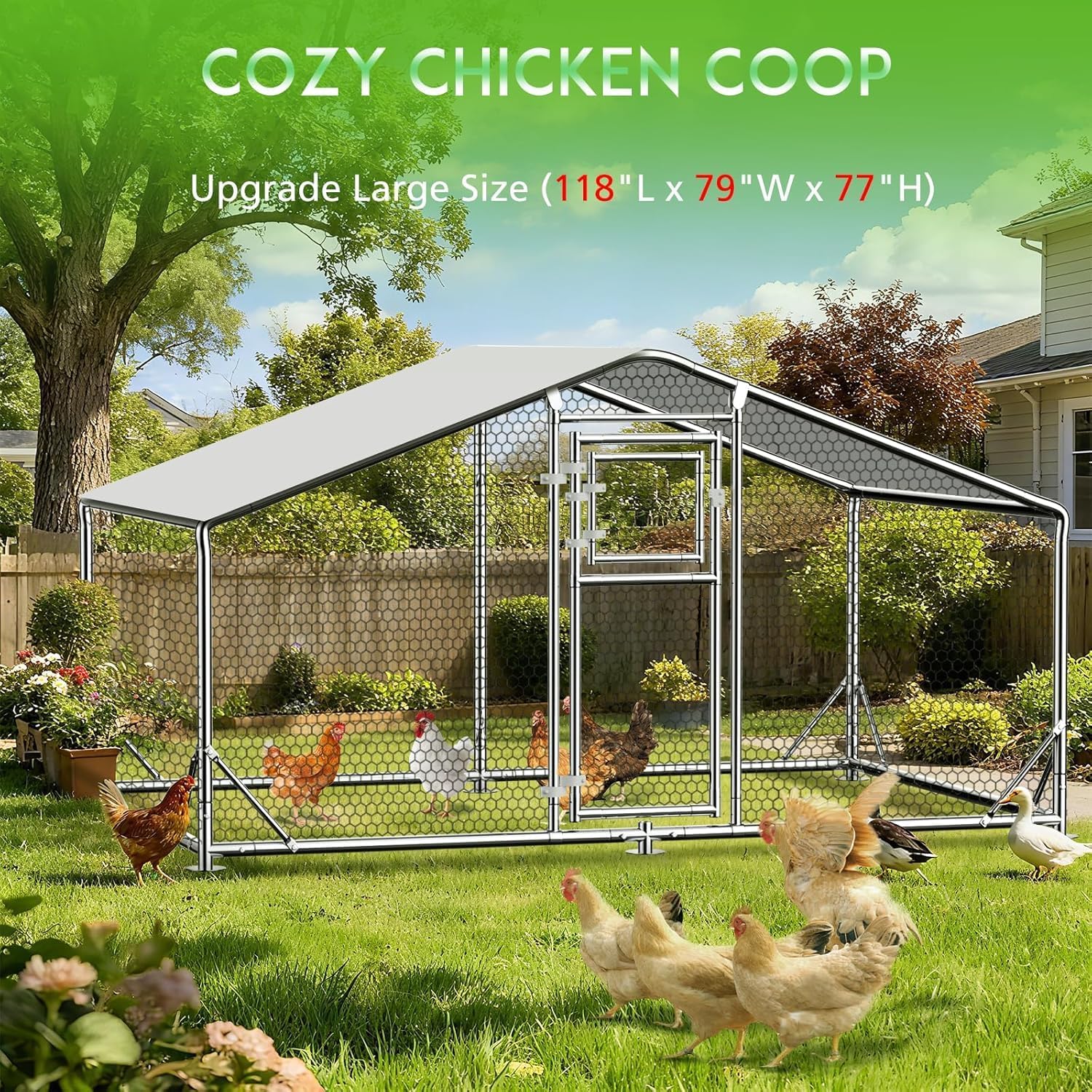 10X6.5 FT Metal Chicken Coop for 5-10 Chickens, Walk-in Chicken Run with Oxford Cloth Rainproof & Anti-UV Cover, Chicken Coops with Dutch Door Poultry Outdoor Yard