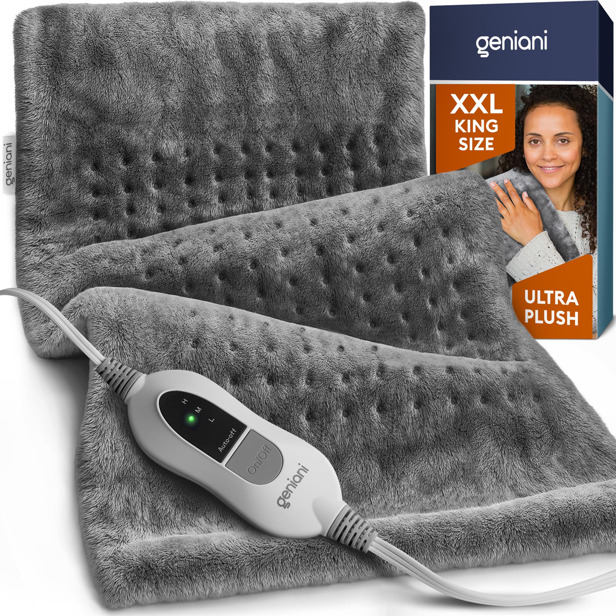 GENIANI XXL 18"x26" Heating Pad for Back Pain &amp; Cramps Relief, Electric Throw - Auto Shut Off, Machine Washable, Heat Pad, for Women, Men, Heat Patches (Tabby Gray)