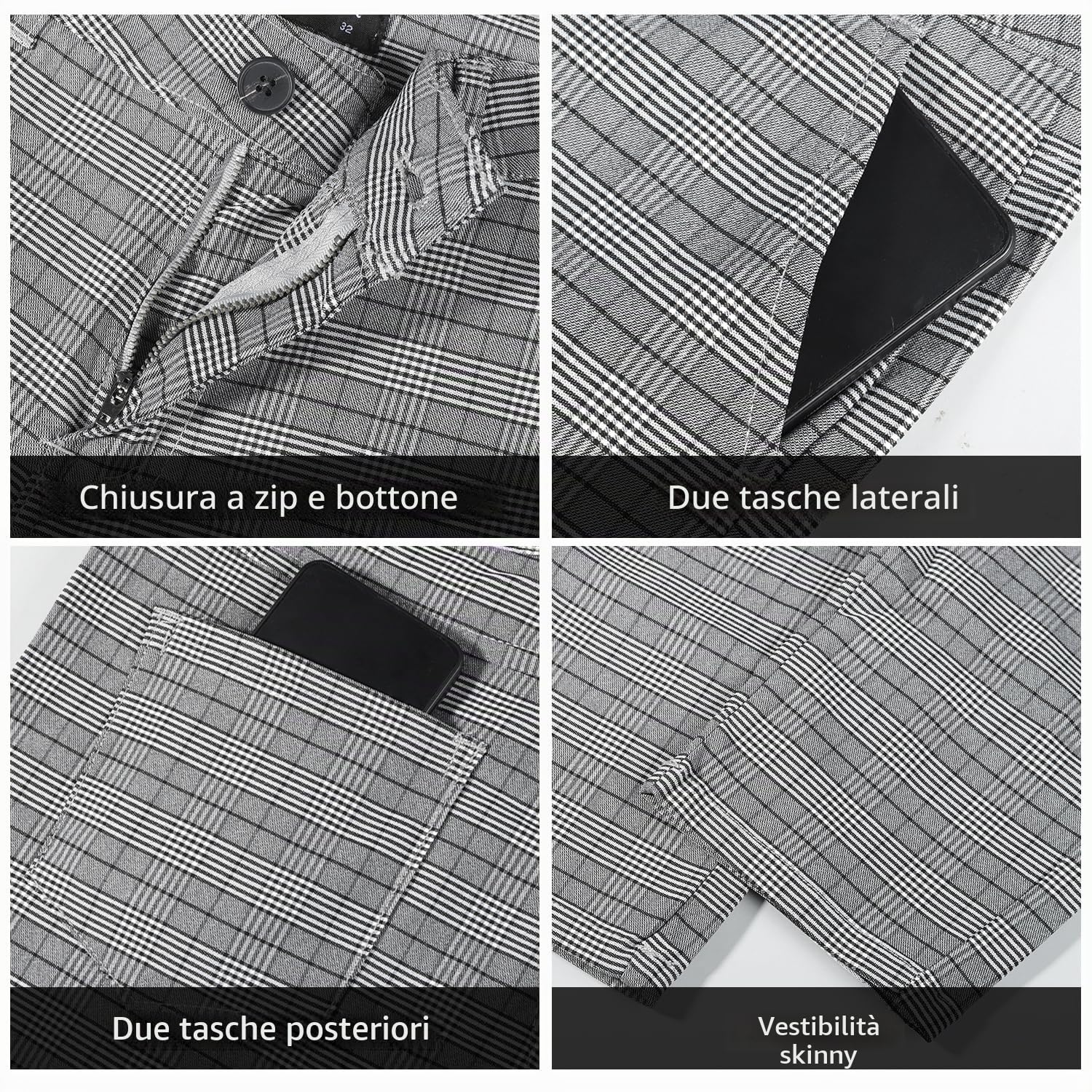 GINGTTO Pantaloni Chino Uomo Skinny Scacchi Elasticizzato Checked
