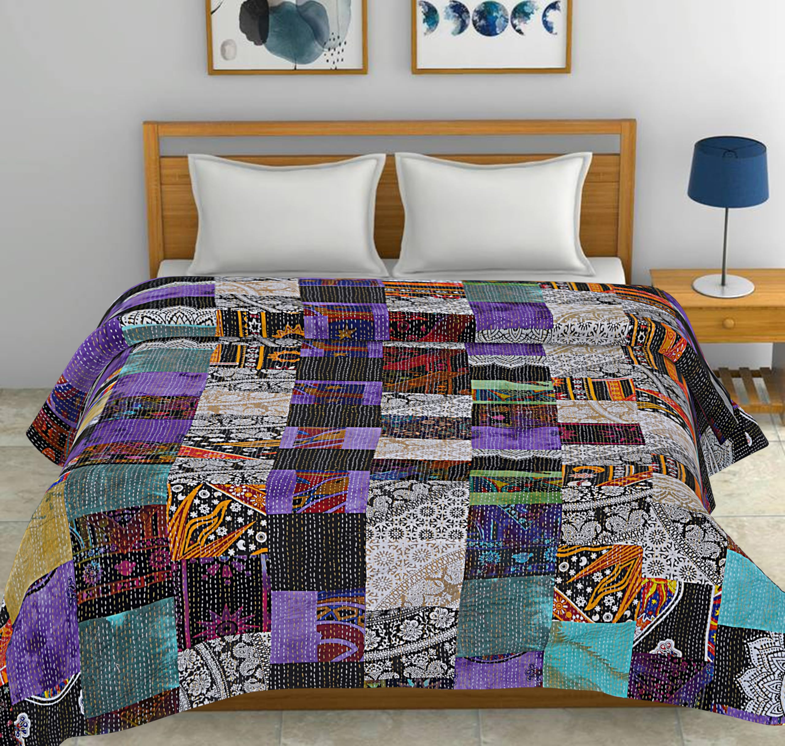 Double Size Bedspread Quilted Vintage Flower Pattern - Breathable Cotton Kantha Quilt Throw Coverlet Quilted Bedcover (Multicolor,228x274cm)-image-36