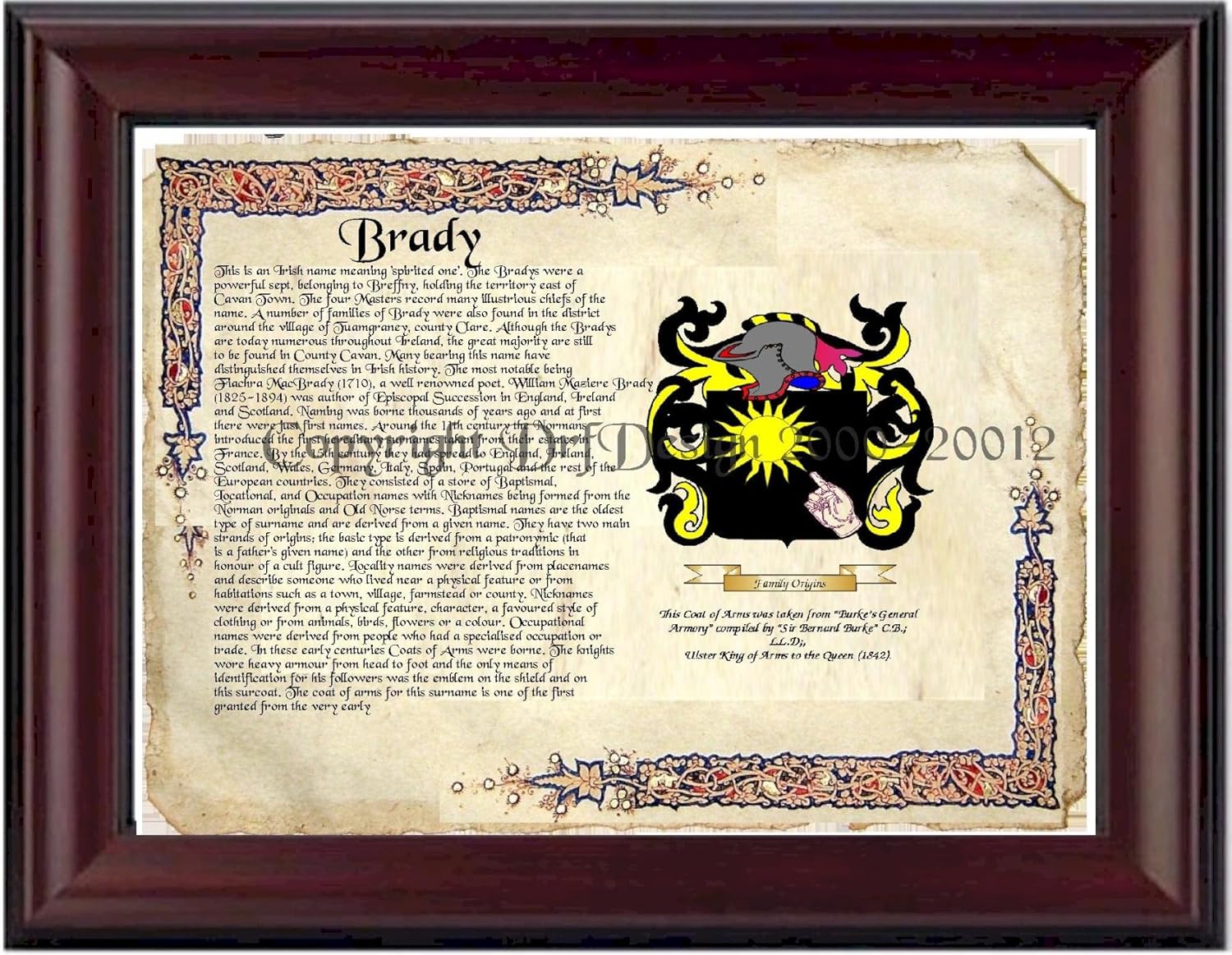 Brady Coat of Arms/ Family History 11" x 13 " Wood Framed