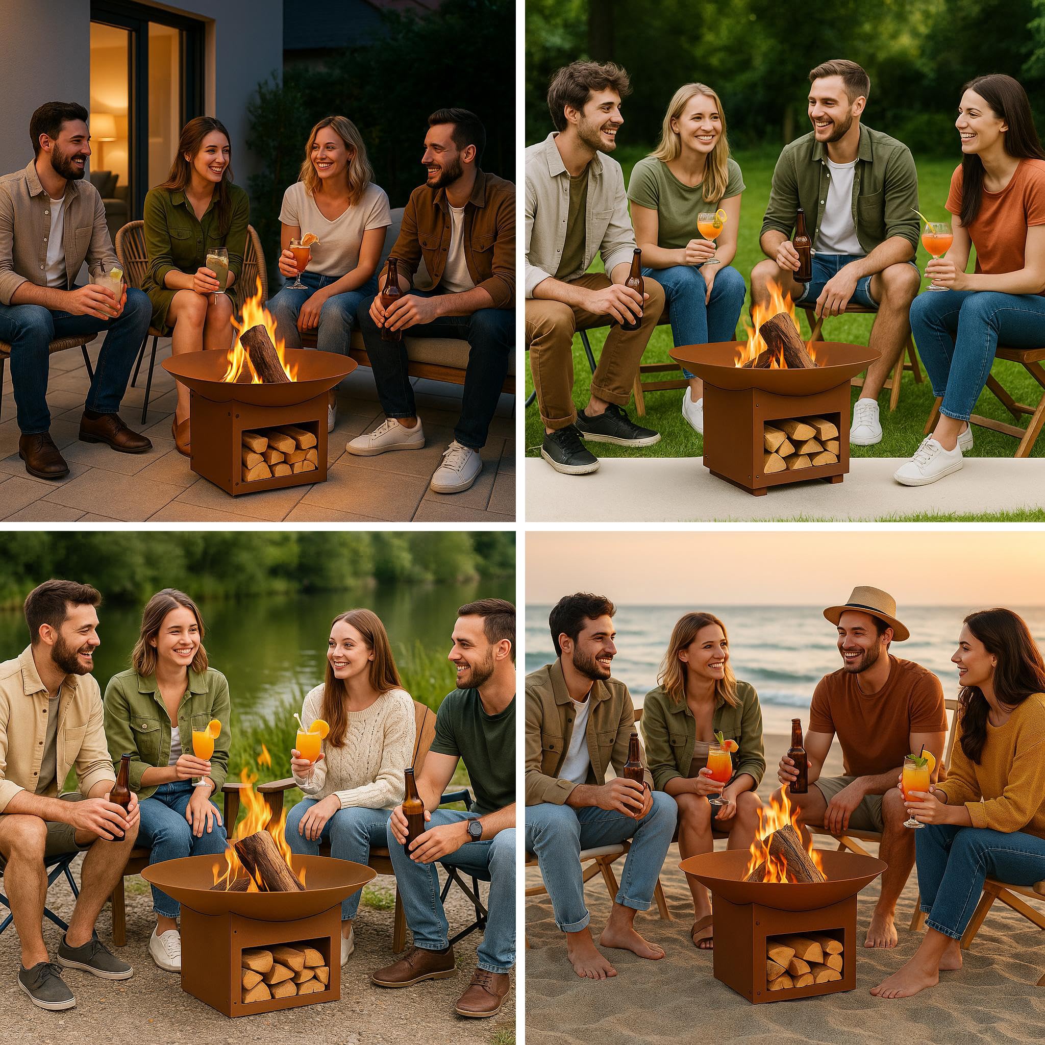 Feuerstelle mit Untergestell, Ø57cm, Feuerkorb für Garten & Terrasse, Lagerfeuer Feuerschale aus Metall - Rostoptik