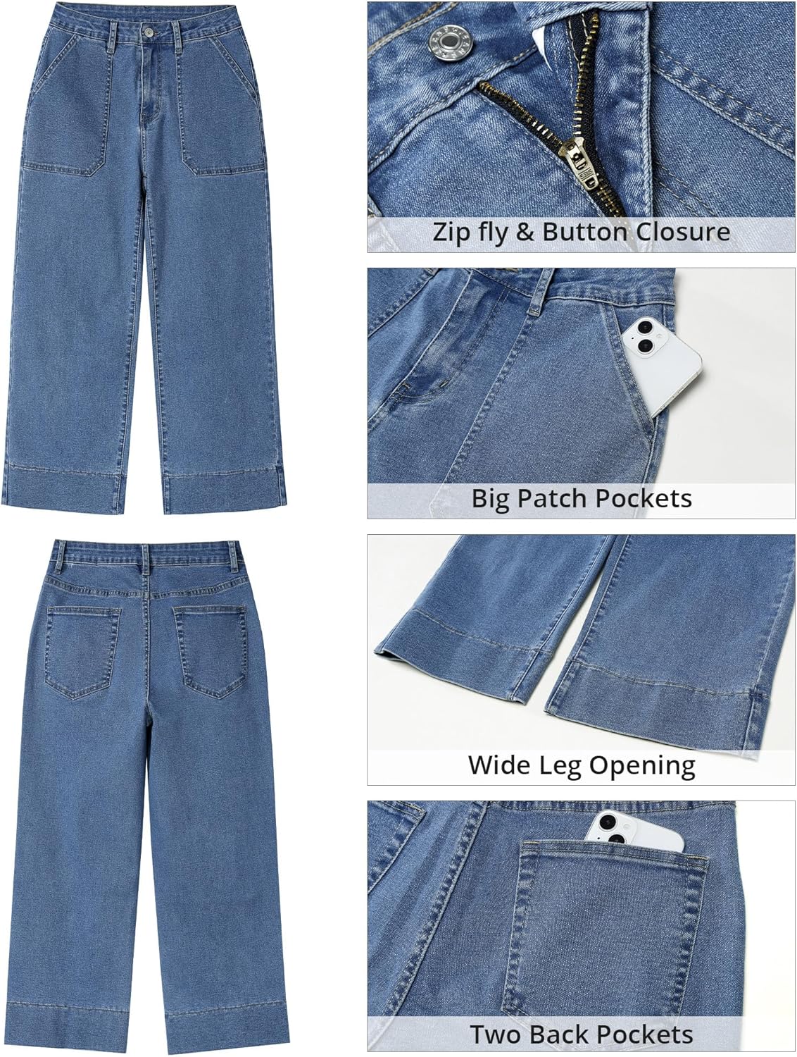 GRAPENT Capri Jeans for Women High Waisted Wide Leg Trendy Strechy Loose Straight Cropped Denim Jeans Pants with Pockets - Image 6