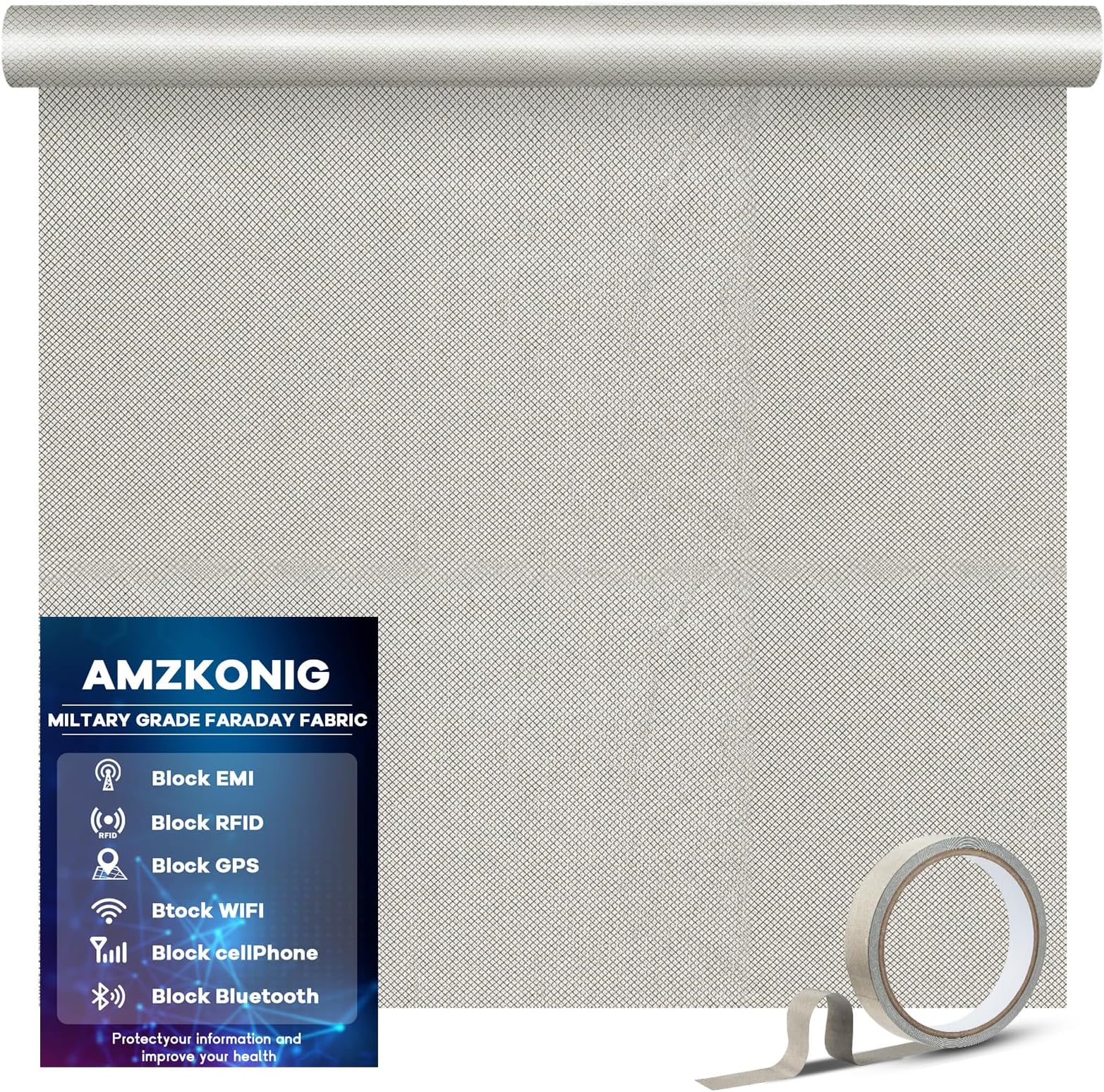 Faraday Fabric 43” x 118”, Military Grade Blocking Cloth Shielding, Conductive Material Cover for WiFi, Cell, Bluetooth, RFID, EMP Protection with Faraday Tape