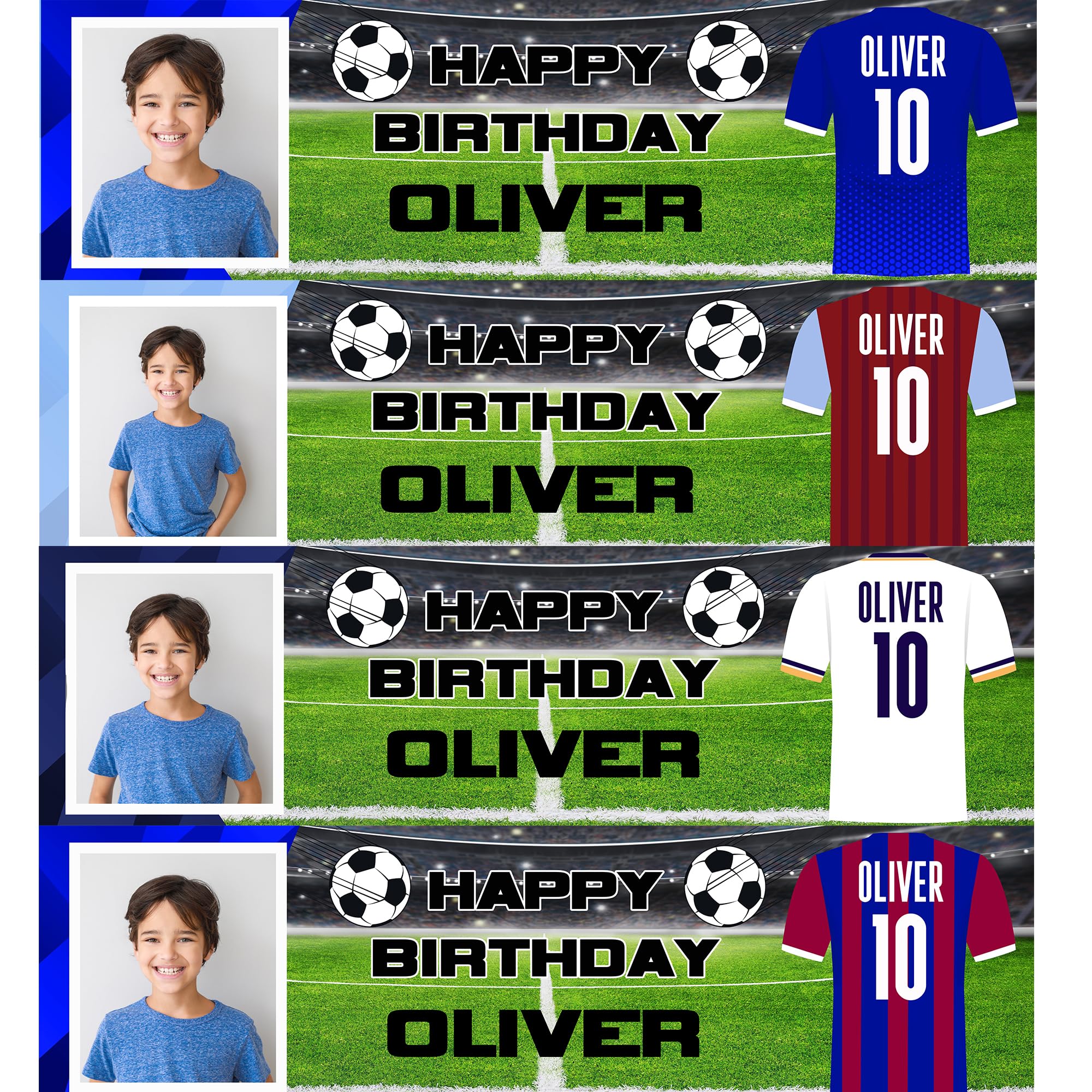 Personalised Football Birthday Banner with Picture 140 x 35 cm Custom Party Decoration for Girls and Boys - Football themed party sign for kids - Dark Blue