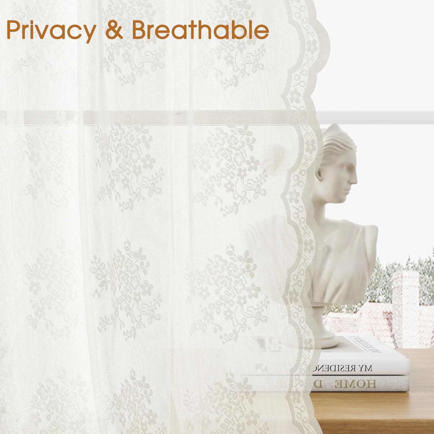 Ivory Lace Curtains 102 Inches Long 2 Panels Vintage Voile Lace Sheer Floral Curtain Farmhouse Boho Textured Flower Chic Rod Pocket Privacy Window Treatment Pair Decor Drapes for Living Room 52x102