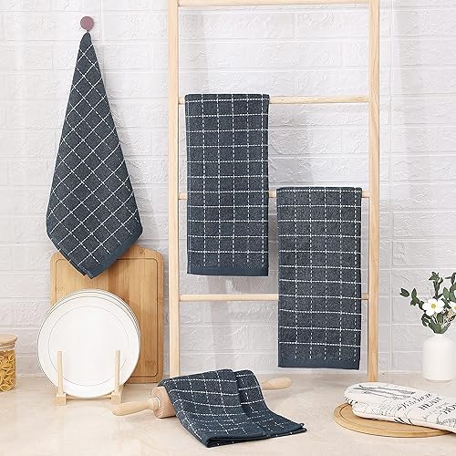 Miniatura 6 de Homaxy Toallas de cocina de rizo 100% algodón (gris oscuro, 13 x 28 pulgadas), diseño a cuadros, suaves y súper absorbentes, paquete de 6