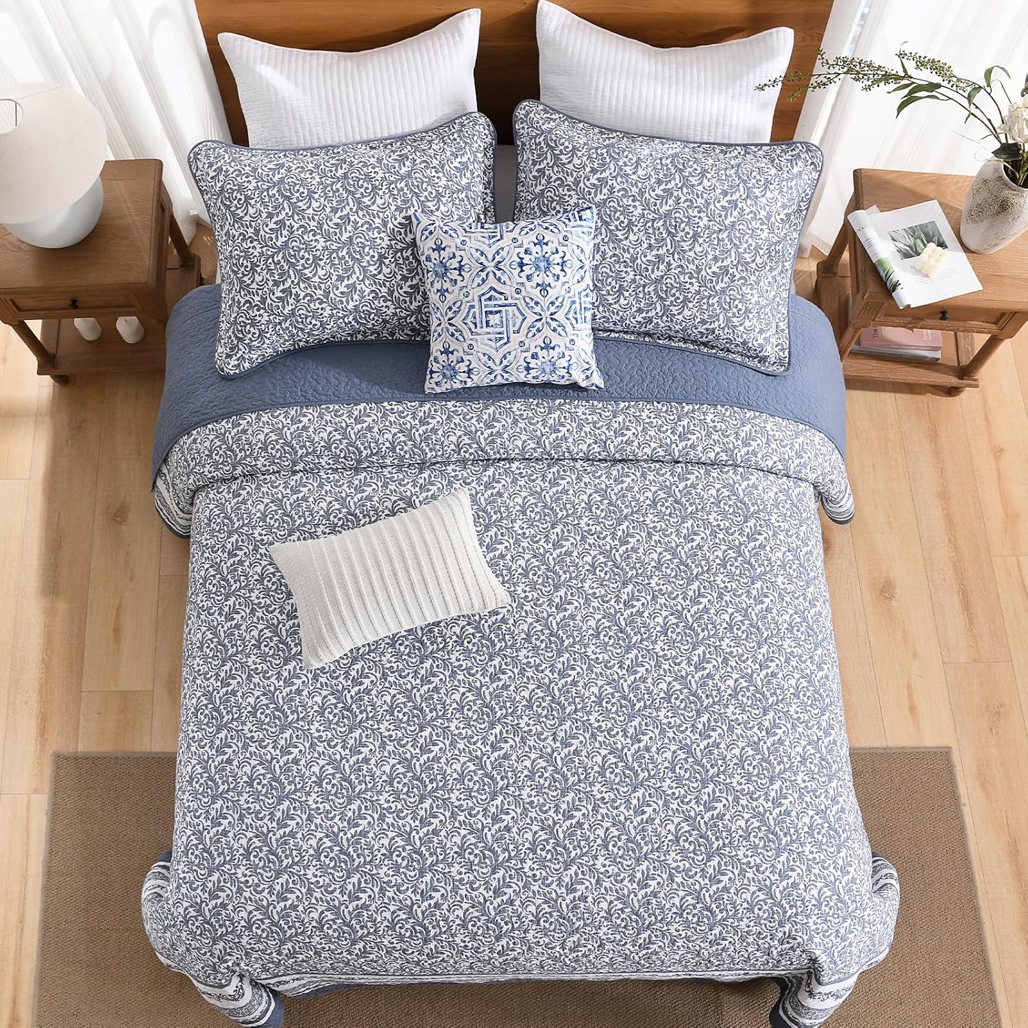 DDUOXIN Super Oversized King Bedspread - 128" W x120 L Extra Wide - 100% Cotton California Quilt with 2 Pillow Shams, Botanical Reversible Lightweight Coverlet Bedding Set, Blue/White