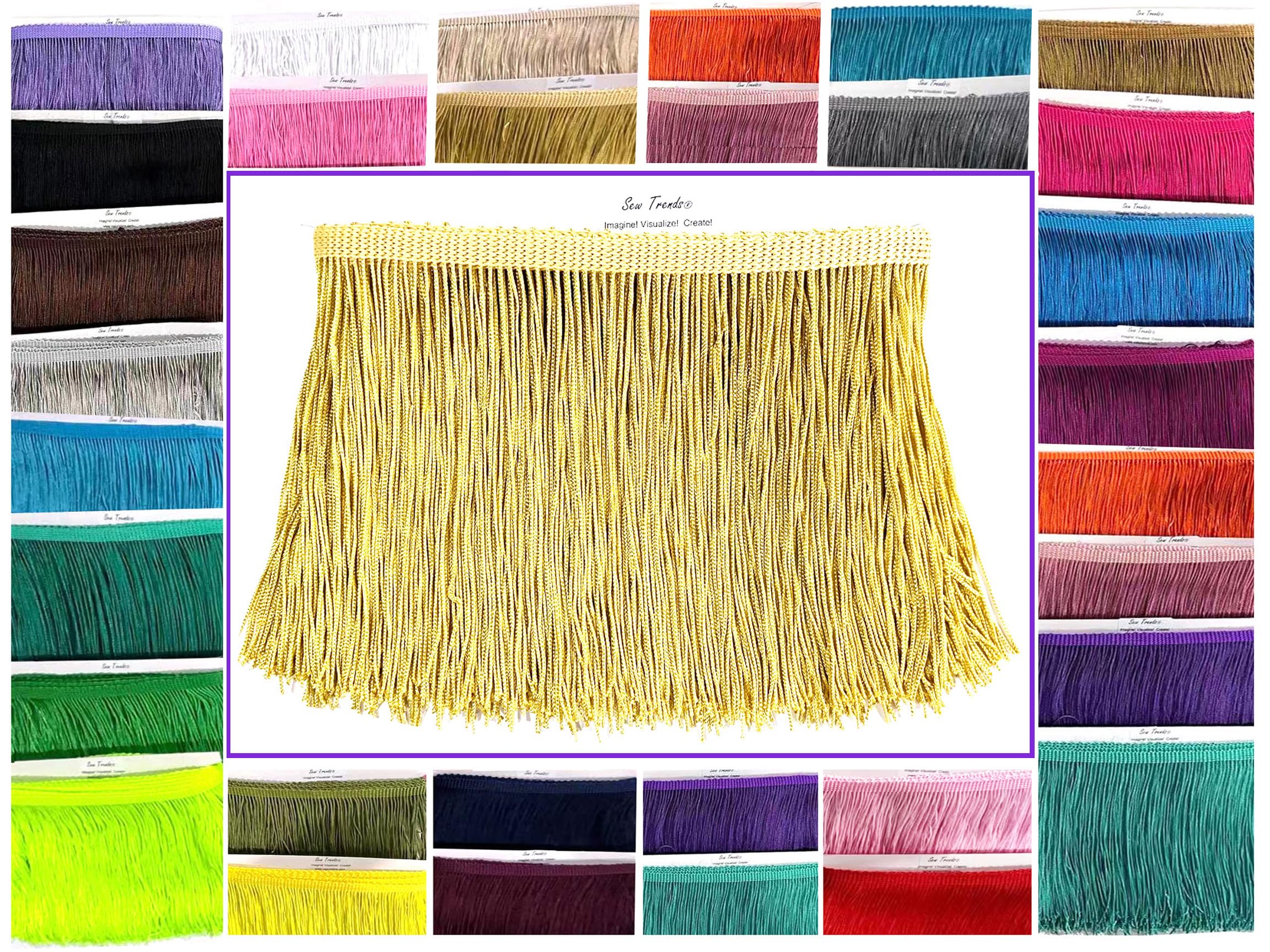 SEW TRENDS 5 Yards of 6" Long Chainette Fringe Thread Yarn Tassel Trim Braid Fringe for Crafts Sewing and Decor-Light Gold