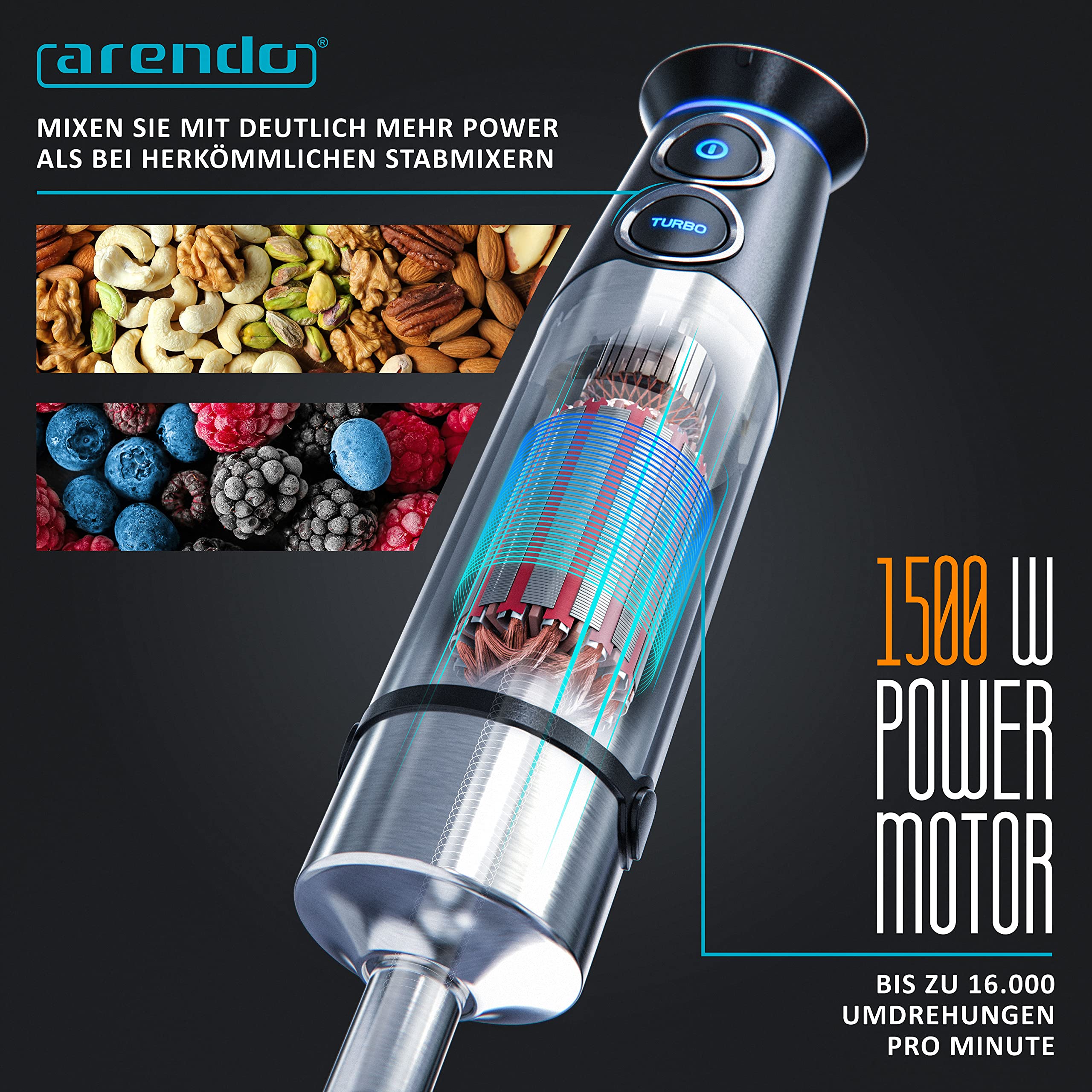 Arendo - Stabmixer Edelstahl 1500 Watt Set - Pürierstab - stufenlose Geschwindigkeit - Turbotaste – 4-flügeliges Messer - 800 ml Messbecher – Schneebesen