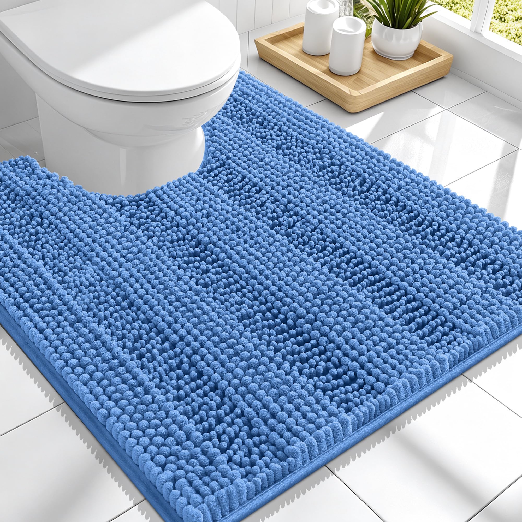 Smiry Thick Chenille Toilet Rugs U-Shaped 24x20, Bath Mat, Cornflower Blue