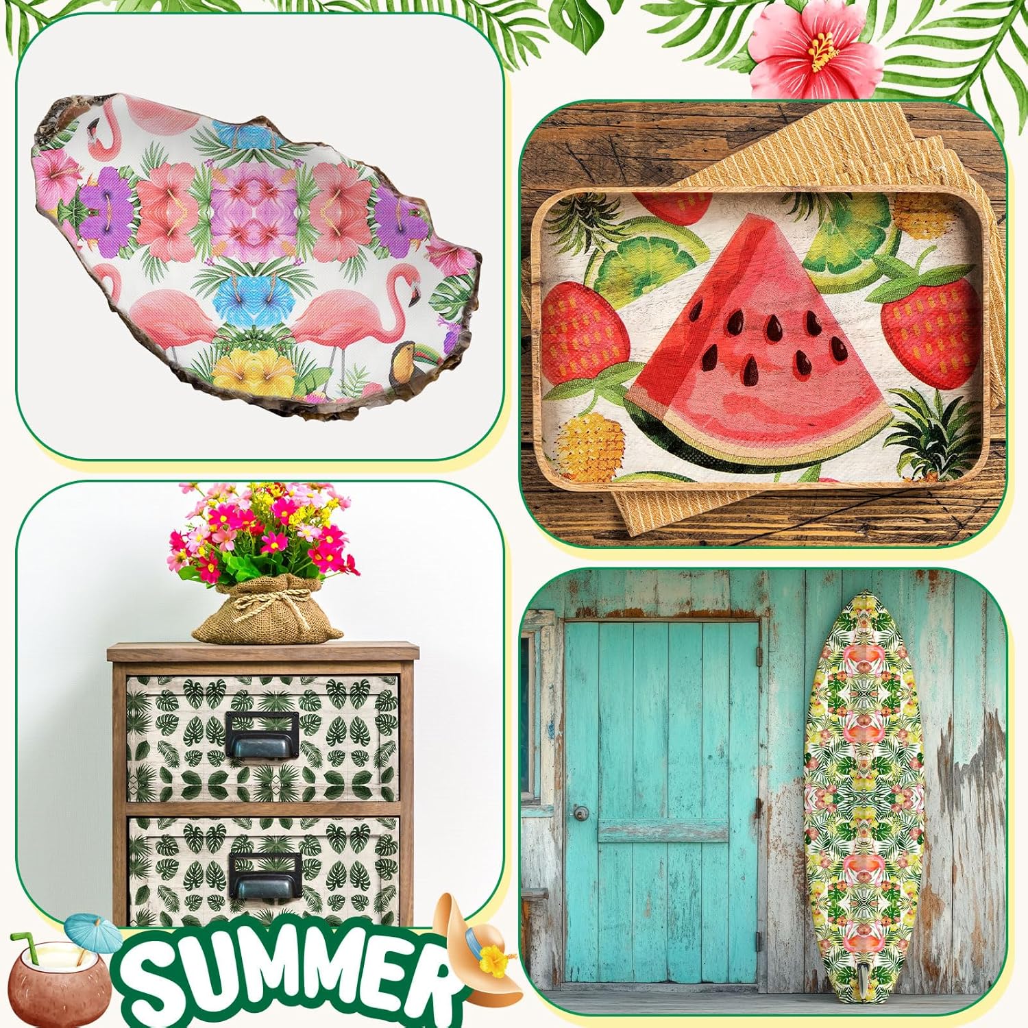 Crtiin 36 Pack 9 Styles Decoupage Napkins Assorted Tropical Plants Napkins Luau Party Decor Cocktail Paper for DIY Crafting Hawaiian Birthday Summer Party Decorations, Each Unfolded 13 Inch