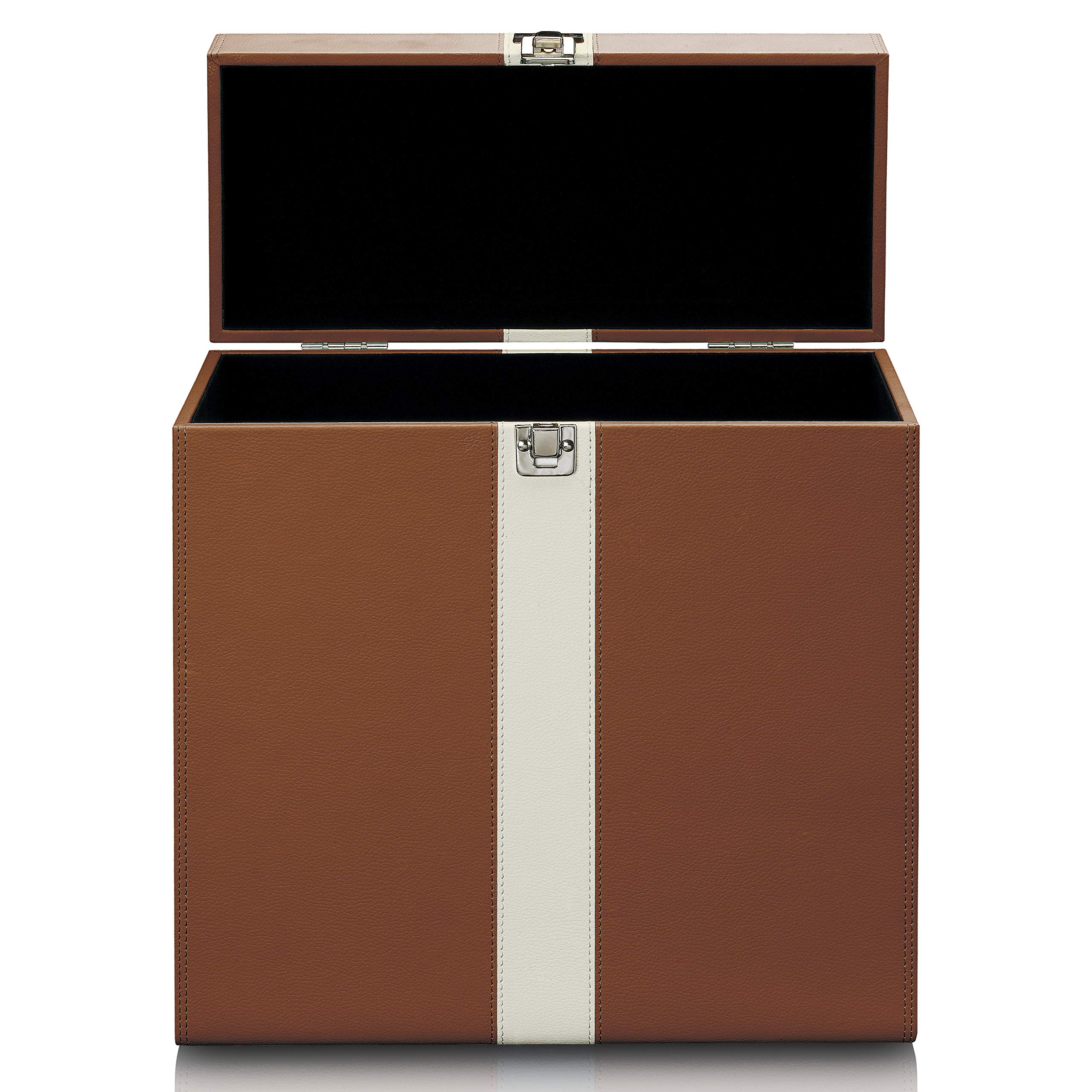 Lenco Classic Phono TTA-301 Storage Case for 30 Vinyl Records with Carry Handle and Metal Case Buckle Protective Velvet Lining Brown/White