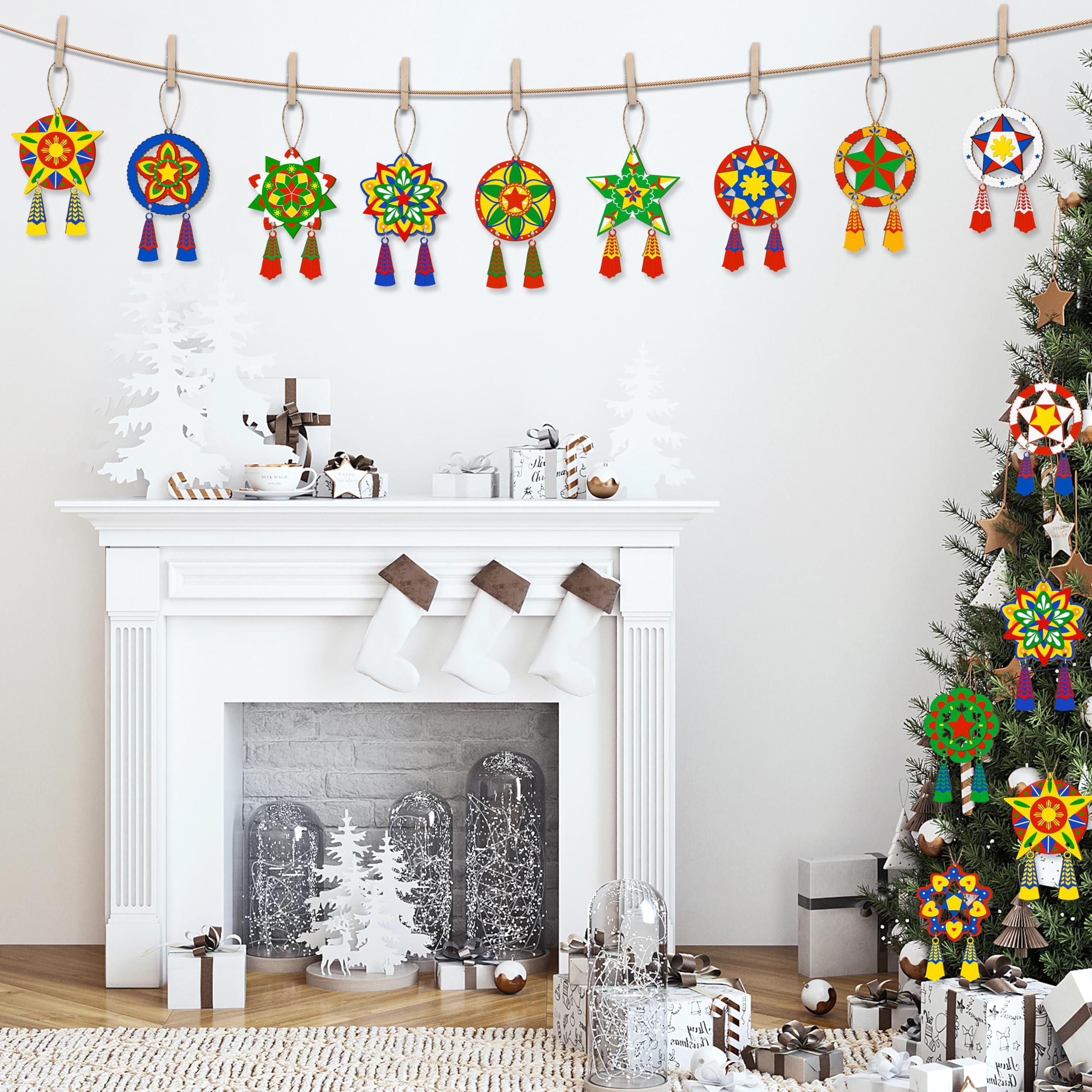30PCS Christmas Wooden Filipino Parol Hanging Ornaments