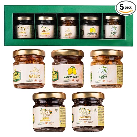 Pickle Sampler Box - Taster Box of 5 achaars | Less Oil Mustard Base Homemade Pickles | No Added Preservatives, No Artificial Flavours | Traditional Recipe