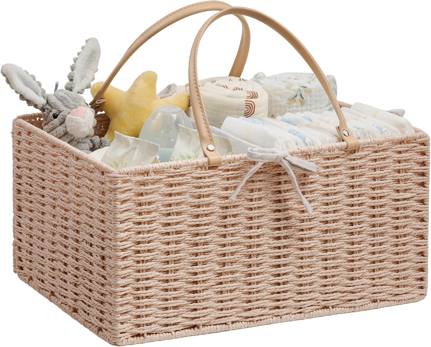 Angelhood Large Paper Rope Diaper Caddy, Baby Essentials Organizer, Portable Baby Shower Baskets Gift Bin, Car Storage Bag for Nursery