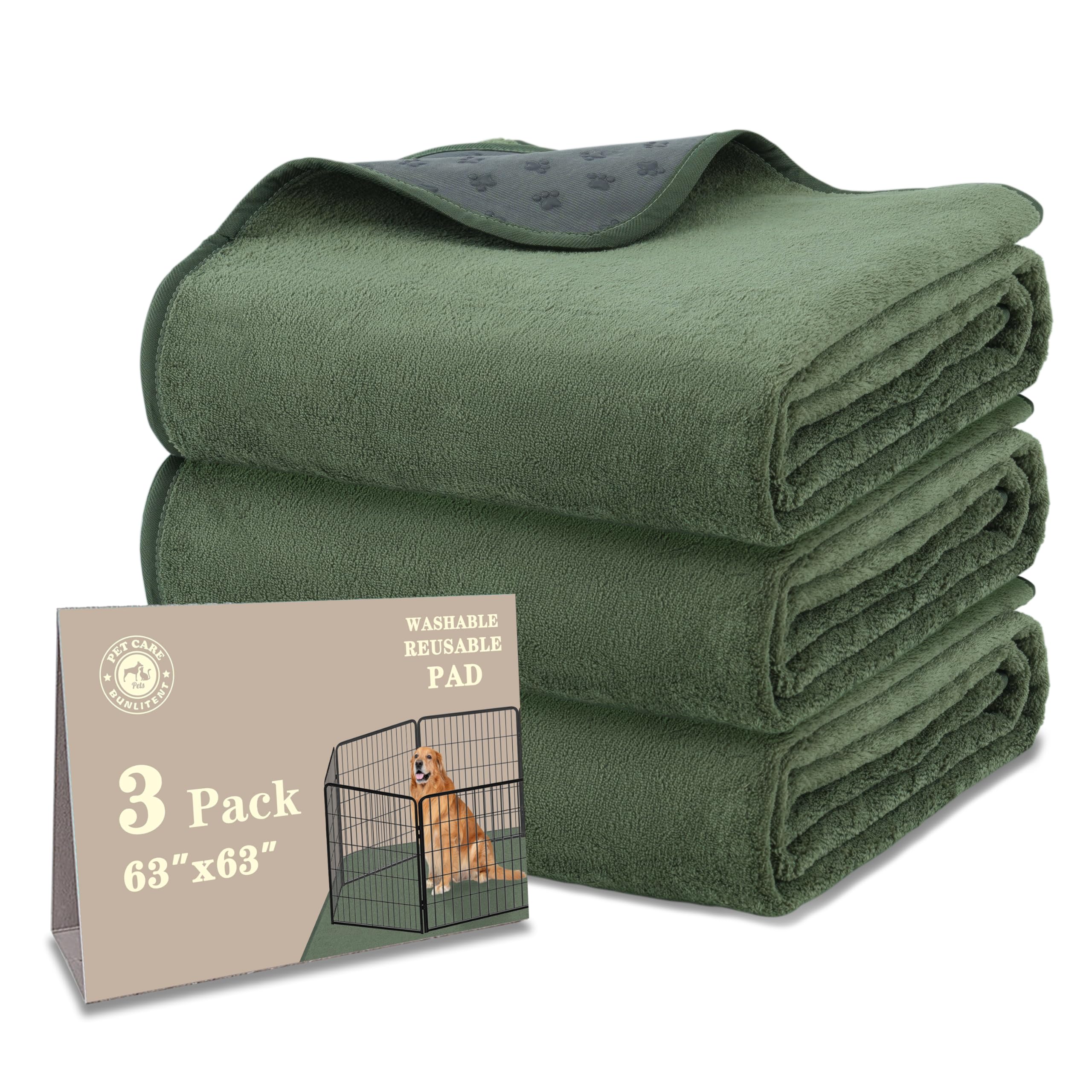 Bunlitent 3 Packs Extra Large Washable Pee Pads for Dogs 63'' x 63'', Non-Slip Waterproof Whelping Pads, Fast Absorbent Pet Playpen Mat, Reusable