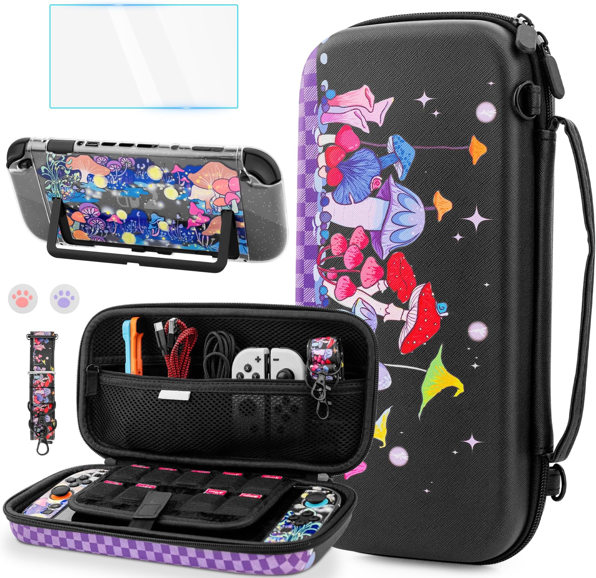 FANPL Cute Case Bundle for Nintendo Switch 2 Accessories, Travel Carrying Cover for Switch 2 with Hard Glitter Skin, Adjustable Strap, Screen Protector, Thumb Grip Caps (Firefly Mushroom Forest)