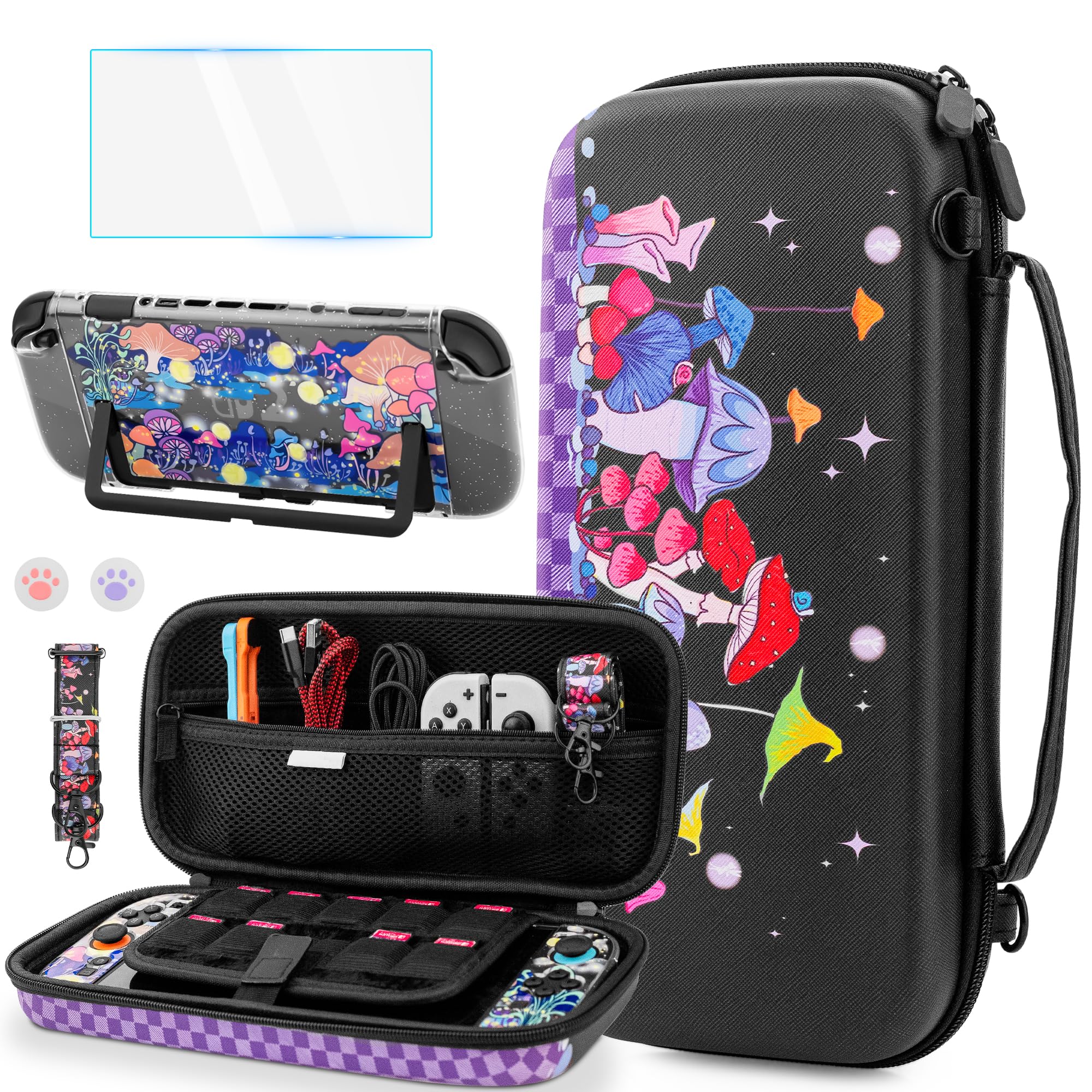 FANPL Custodia carina per Nintendo Switch 2, custodia da viaggio per Switch 2 con pelle rigida glitterata, cinturino regolabile, protezione schermo, tappi per impugnatura per pollice (Firefly Mushroom