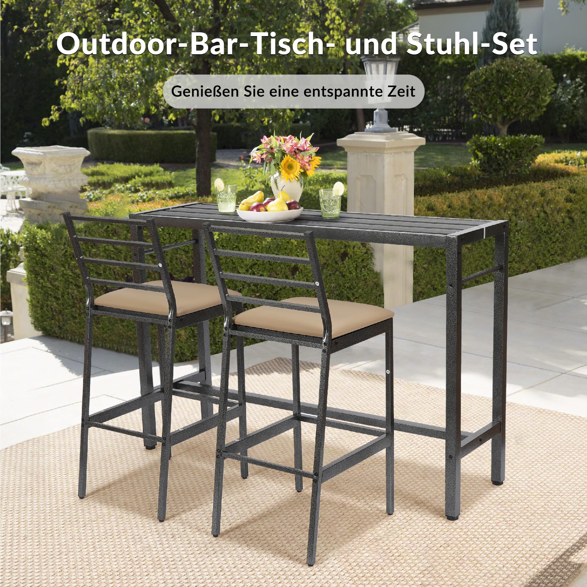 Gartentisch wetterfest – 3-TLG. Outdoor-Terrassen-Bar-Set: 140cm rechteckiger High-Tisch mit Barhockern & 2 Polsterhockern, Gartenmöbel-Set für Garten, Balkon, Hinterhof, Veranda