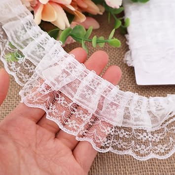 White Lace Ruffle Trim for Crafts 1-5/8"x5yd 2-Layer Pleated Edge Lace Ribbon