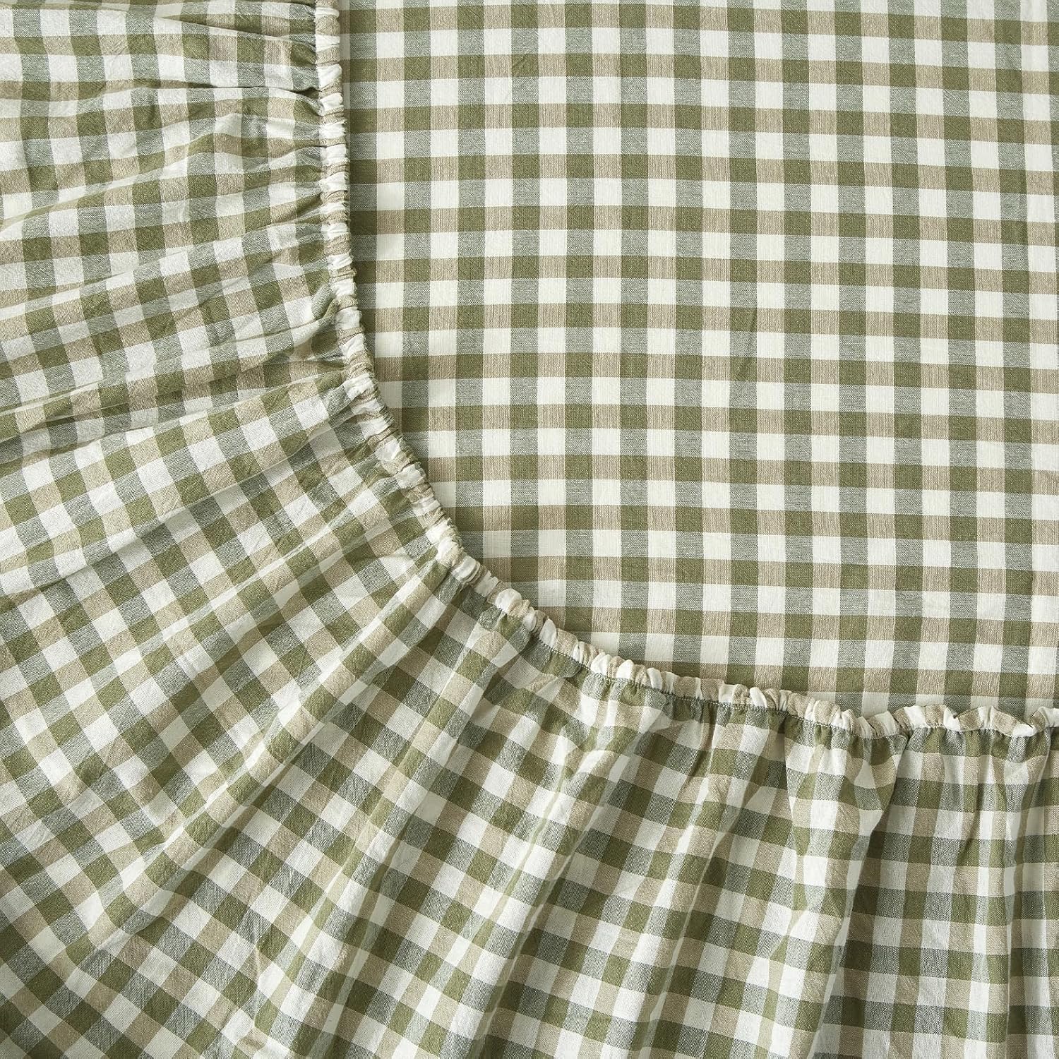 Green Plaid Sheets King Size 4 Piece Gingham Sheets Set, Lightweight Soft 100% Washed Cotton Checkered Grid Bed Sheets with 16'' Deep Pocket, Breathable Farmhouse Gingham Bedding King Sheets Set