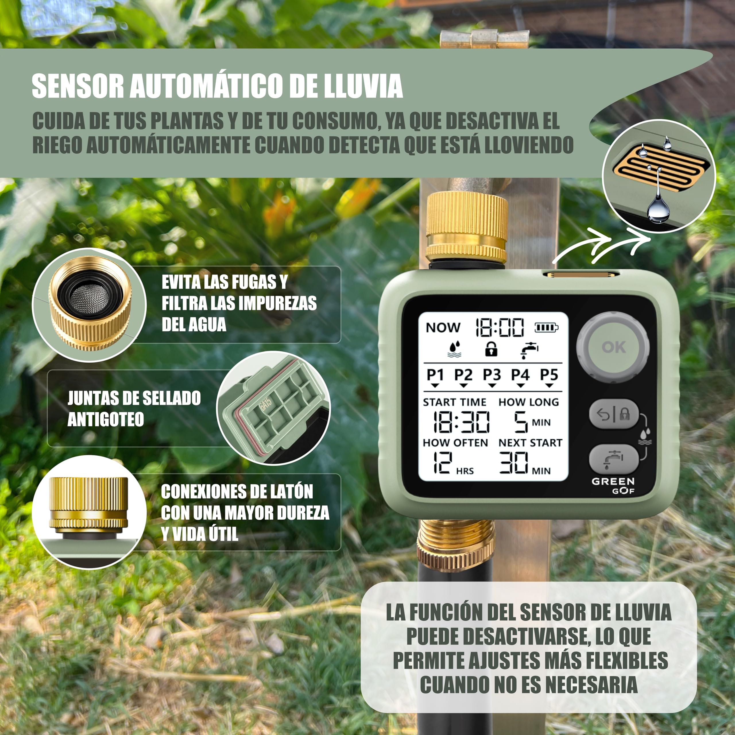 Programador de Riego Premium. Conectores de Latón, Sensor de Lluvia, Pantalla Retroiluminada, Temporizador de Bajo Consumo a Pilas, 5 Programas Independientes, Fácil e Intuitivo.