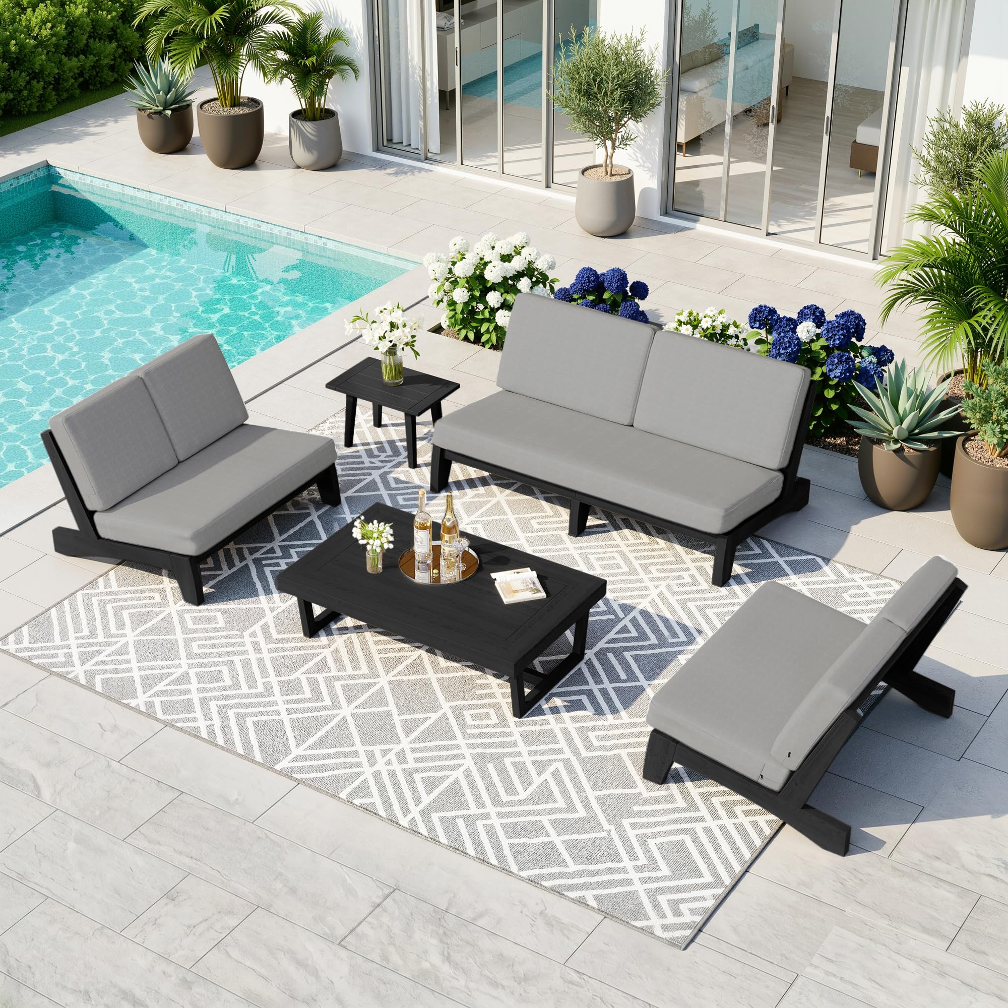 Pia Ricoo 5-Piece Patio Furniture Set, Outdoor Sofa with 2 Split Back Loveseat, 2 Chairs &amp; Coffee Table, Conversation Set for Backyard/Deck/Lawn - Gray/Dark