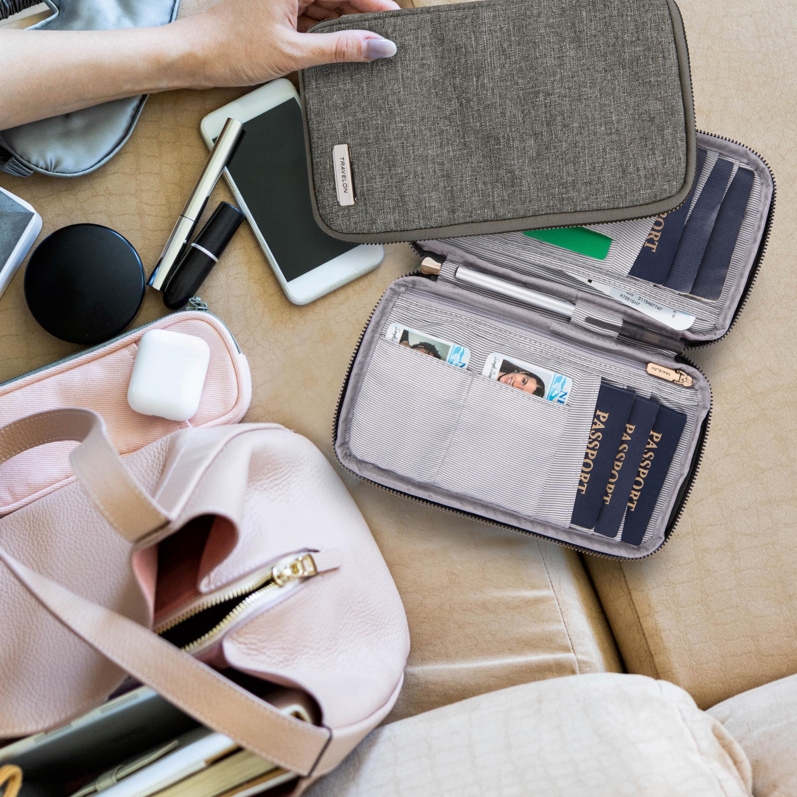 Travelon Blokowanie RFID portfel na paszport rodzinny z zamkiem błyskawicznym