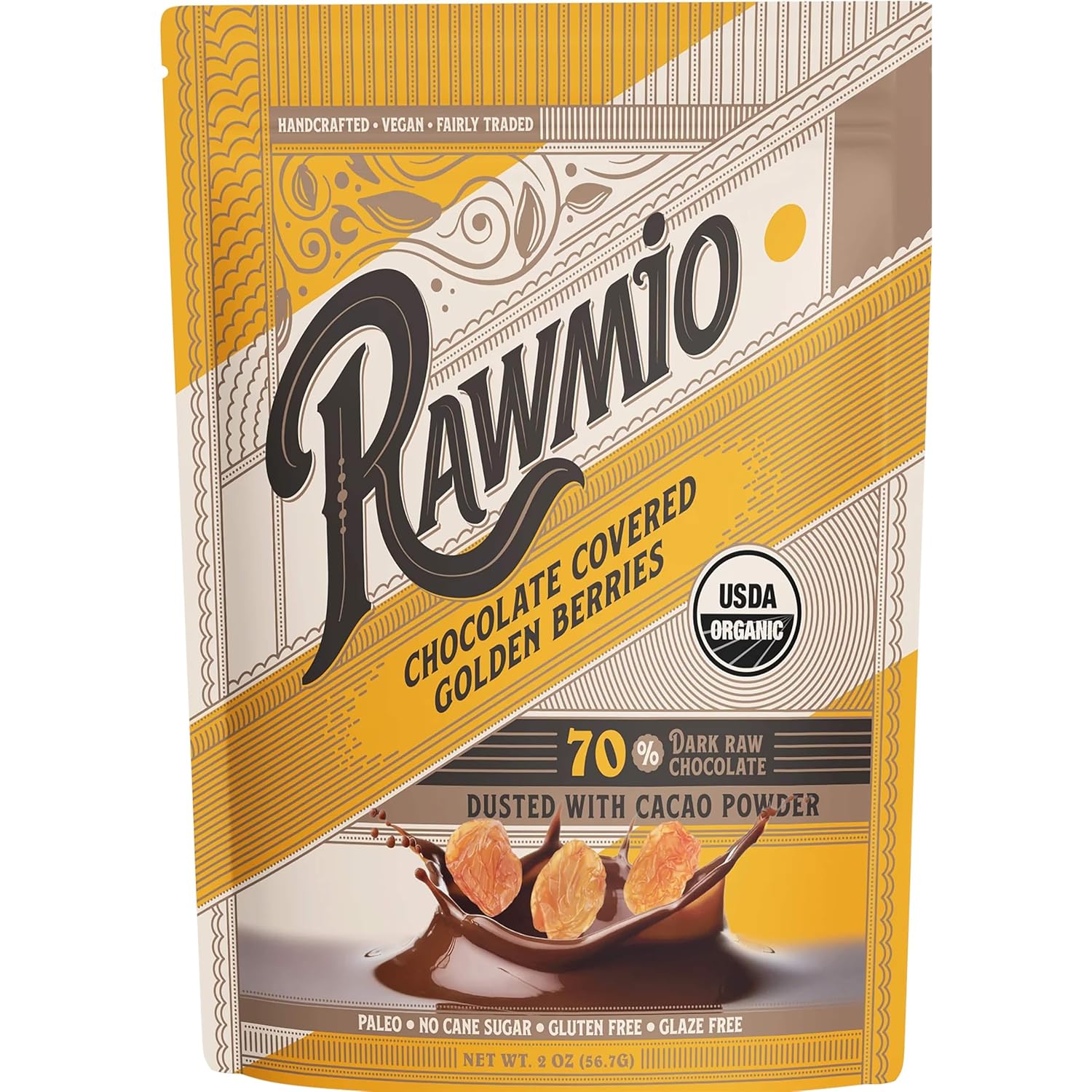Rawmio Chocolate Covered Golden Berries - Organic, Raw, Vegan, 70% Dark Chocolate, 6 Packs, 2 oz.