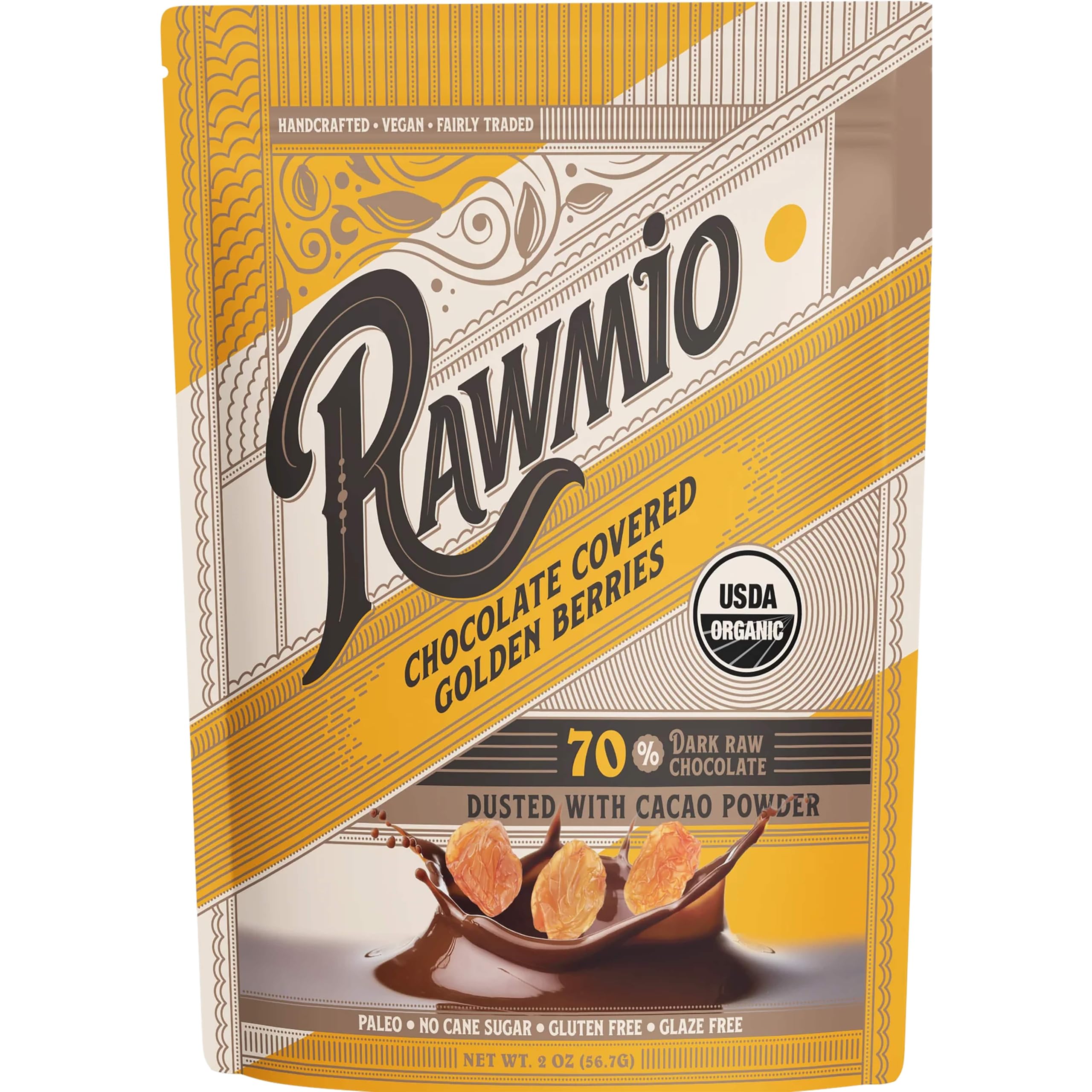 Rawmio Chocolate Covered Golden Berries - Organic, Raw, Vegan, 70% Dark Chocolate, 1 Pack, 2 oz.