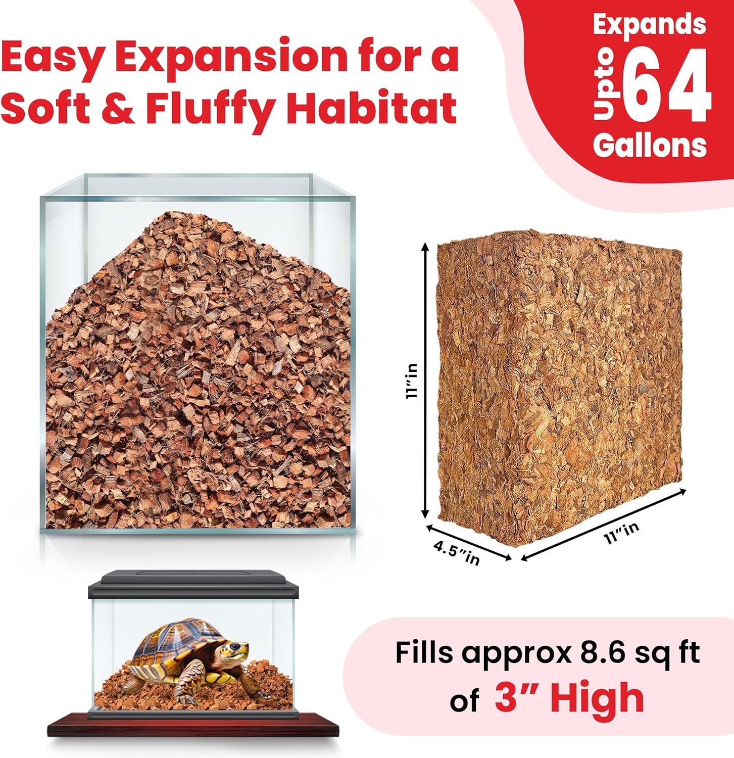 Gro-Med ReptiCare Compressed Coconut Chip Substrate for Reptiles 64 Quart Coco Husk Bedding Block for Ball Pythons, Snakes, Tortoises, Crested Geckos, Frogs, Hermit Crabs or Lizard Terrarium Tanks