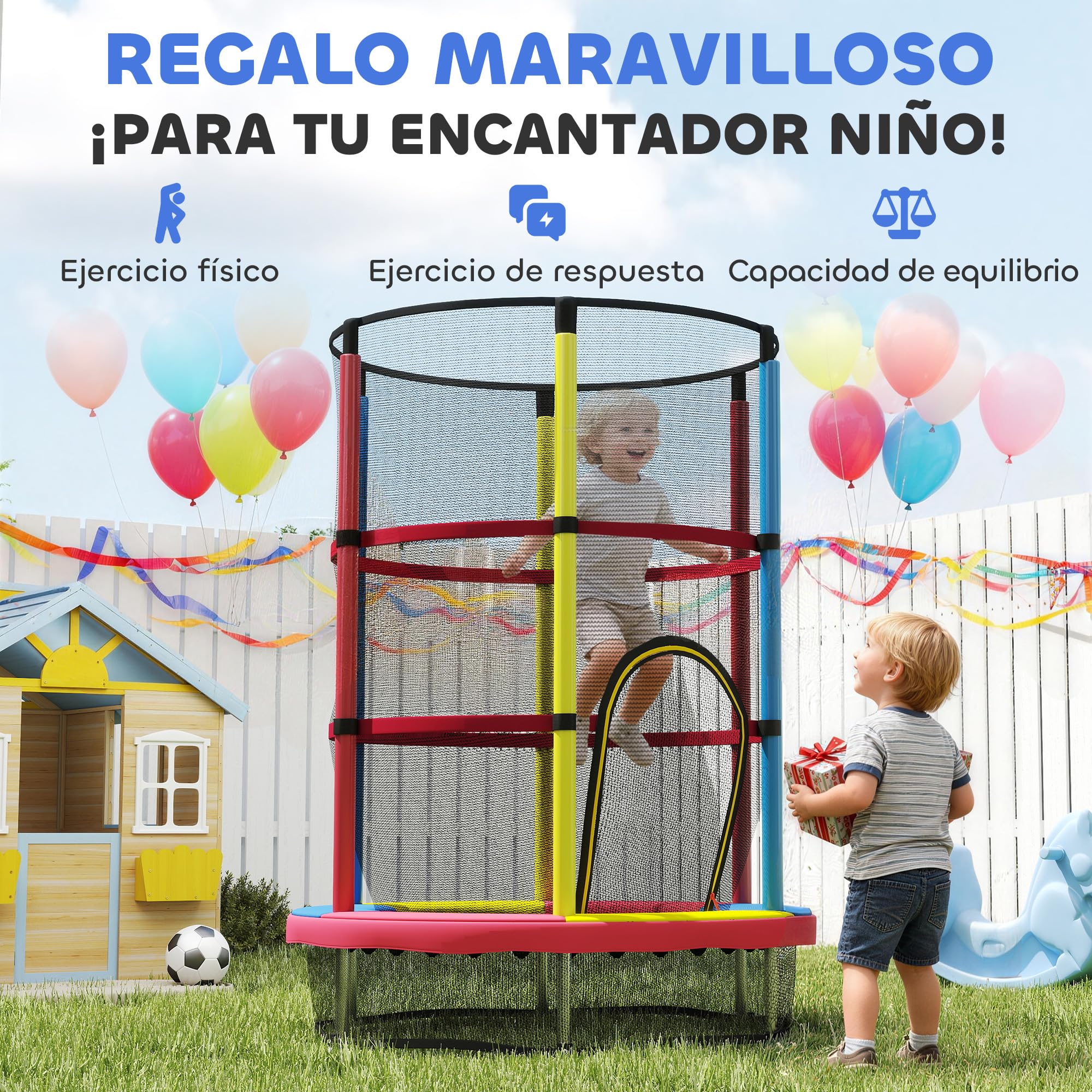 HOMCOM Cama Elástica Infantil, Ø160 cm, Trampolín para Niños de 3-6 Años con Red de Seguridad, Patas en Forma de L, Carga 45 kg, para Interior y Exterior, Multicolor