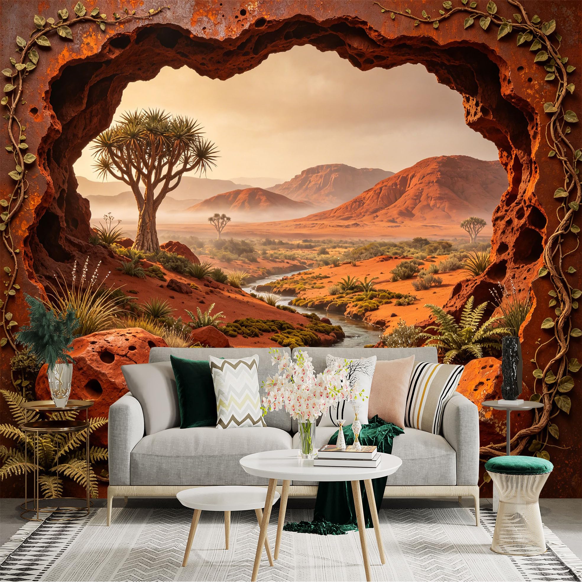 Custom Size Wall Sticker Mural， Desert Landscape with Red Rocks， River Stream and Distant Mountains， for wall Decoration， peelandstick wall Decals.